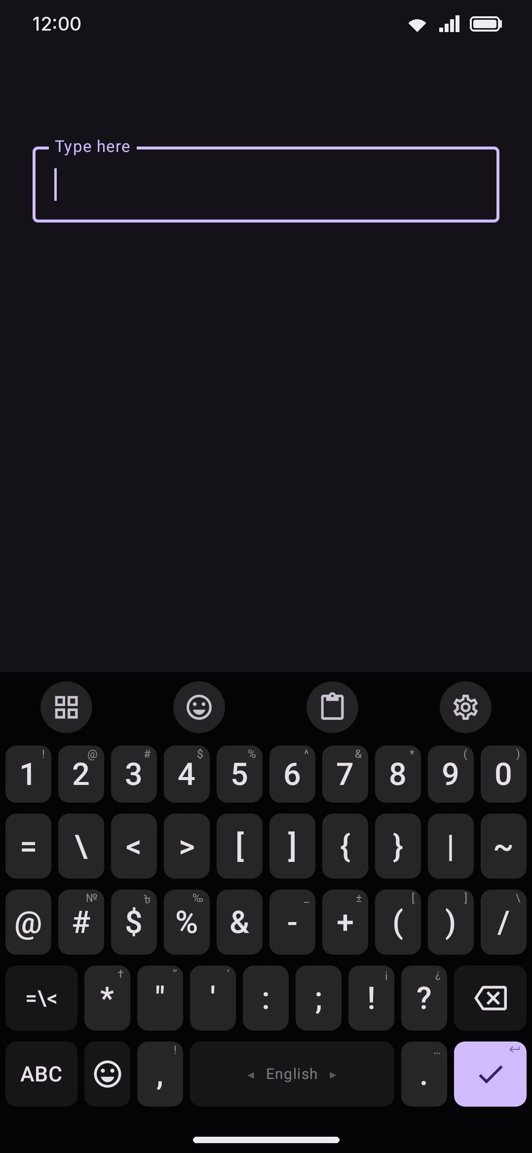 The symbol page open over a message field, with the second symbol page one tap away.
