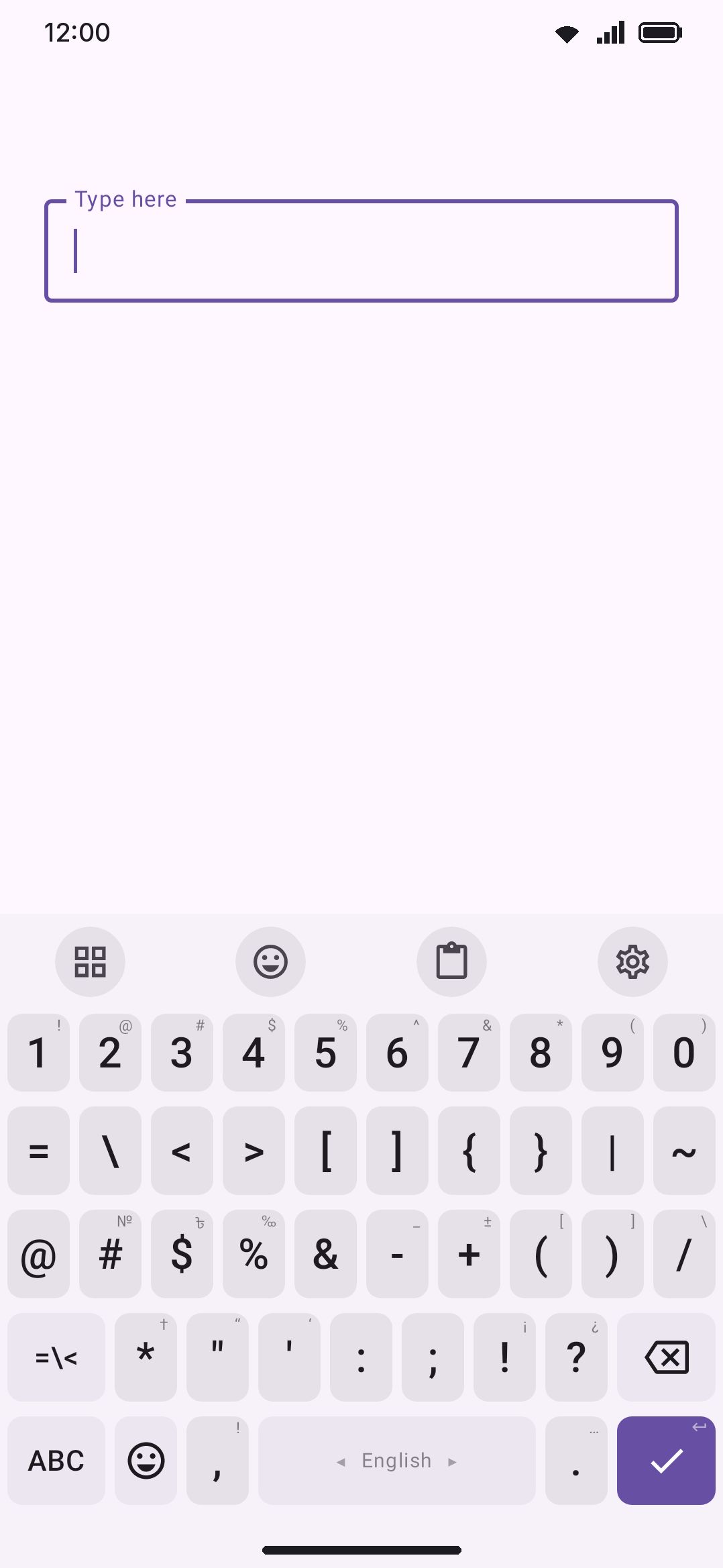 The symbol page open over a message field, with the second symbol page one tap away.