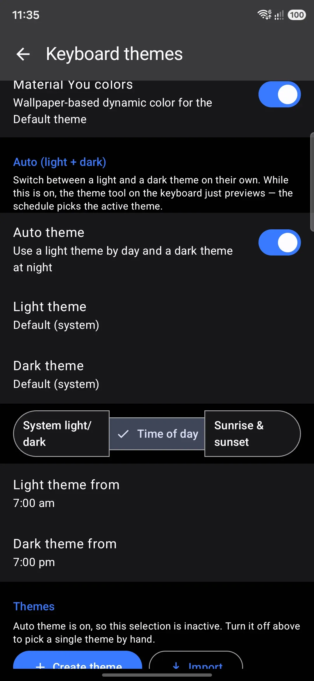 Auto theme on, with Time of day chosen and both clock rows visible.