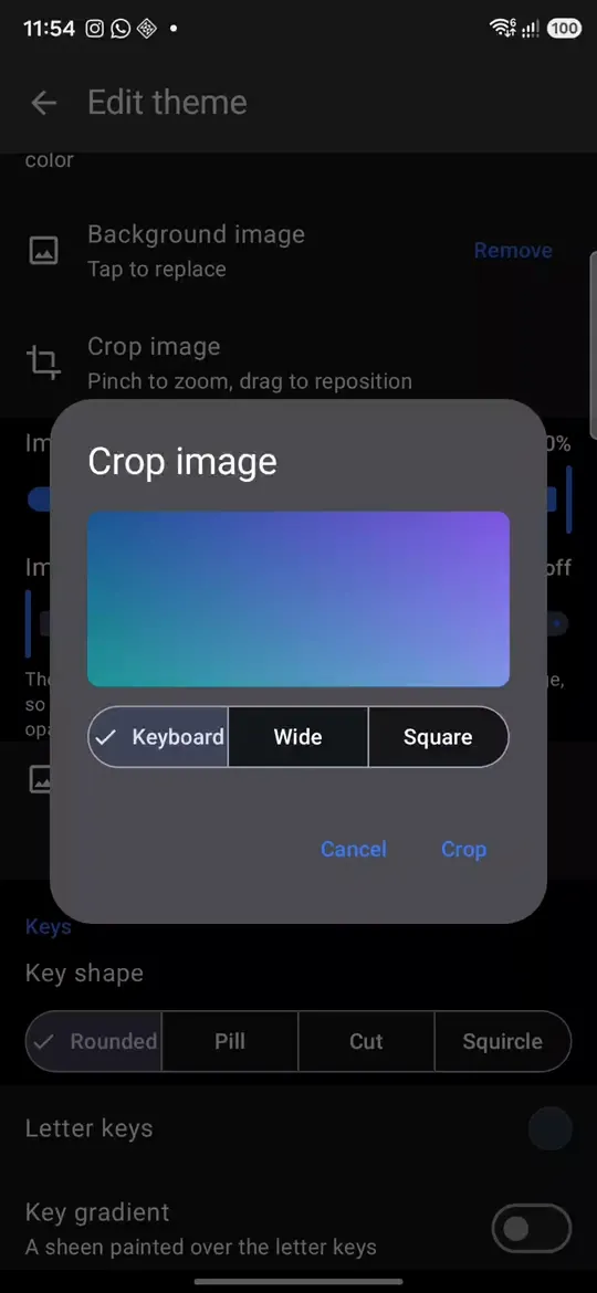 Cropping a background image: pinch to zoom, drag to reposition, three aspect presets.