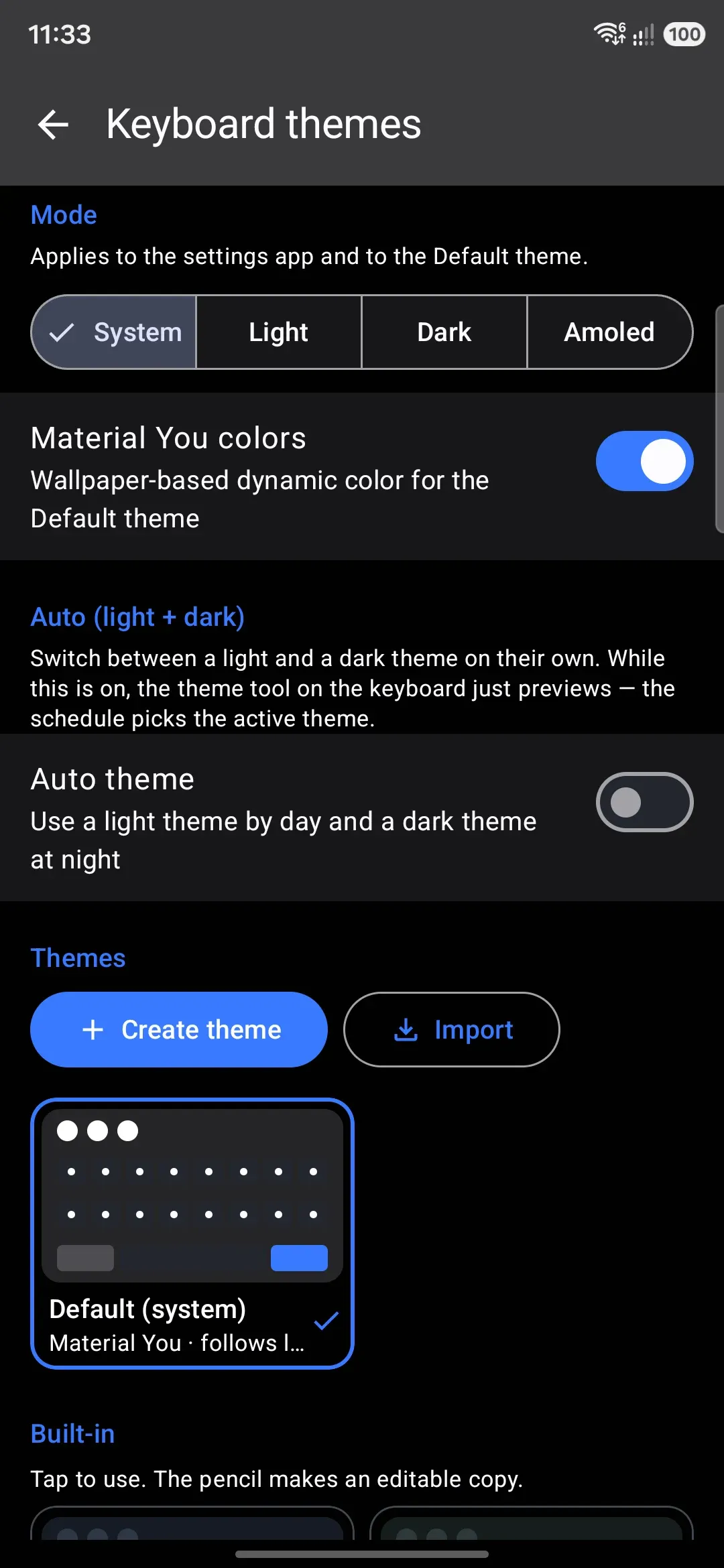 The theme gallery: Mode, Auto (light + dark), and the Themes grid.