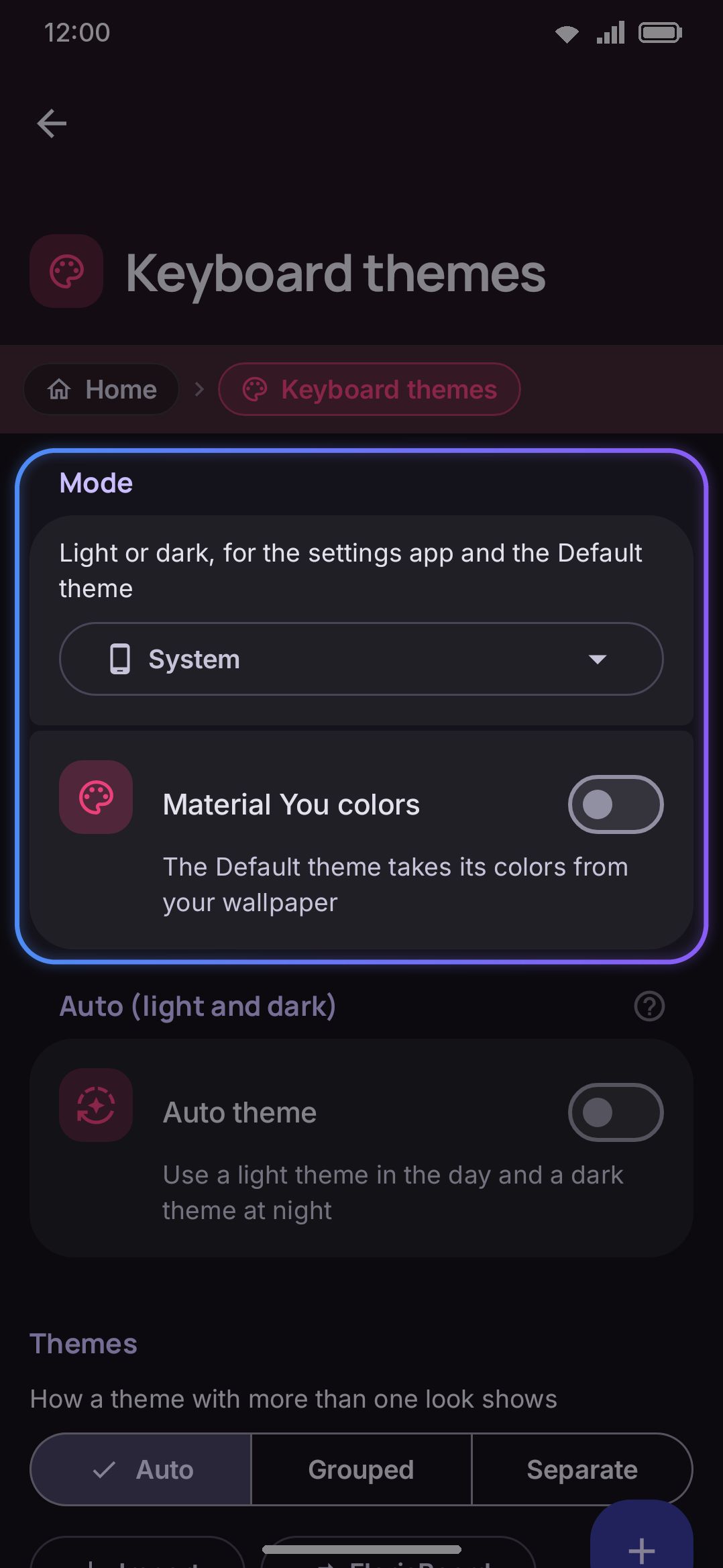 The theme gallery: Mode, Auto (light + dark), and the Themes grid.