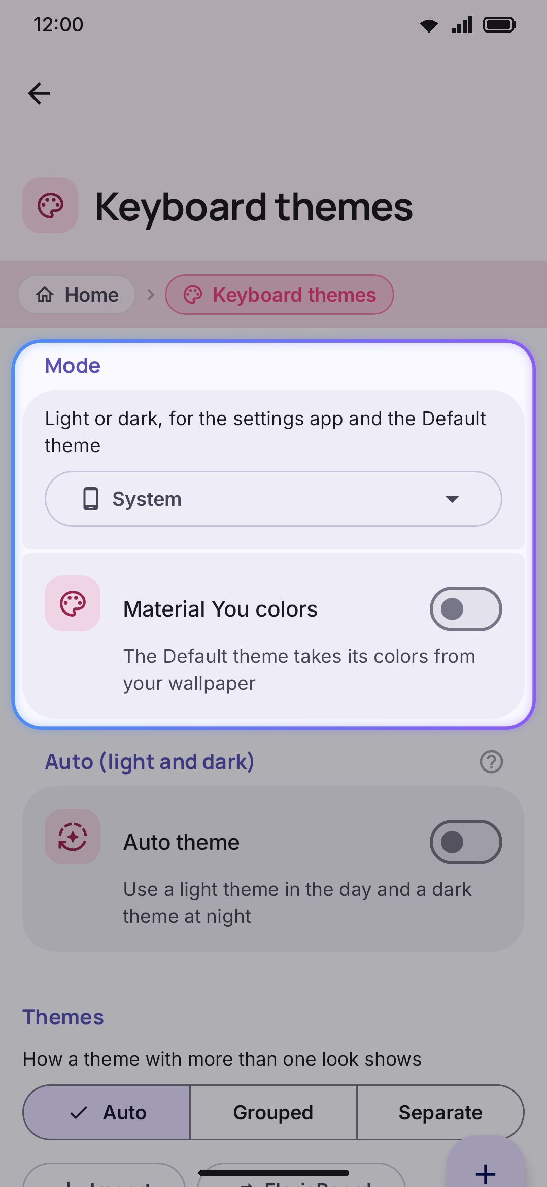 The theme gallery: Mode, Auto (light + dark), and the Themes grid.