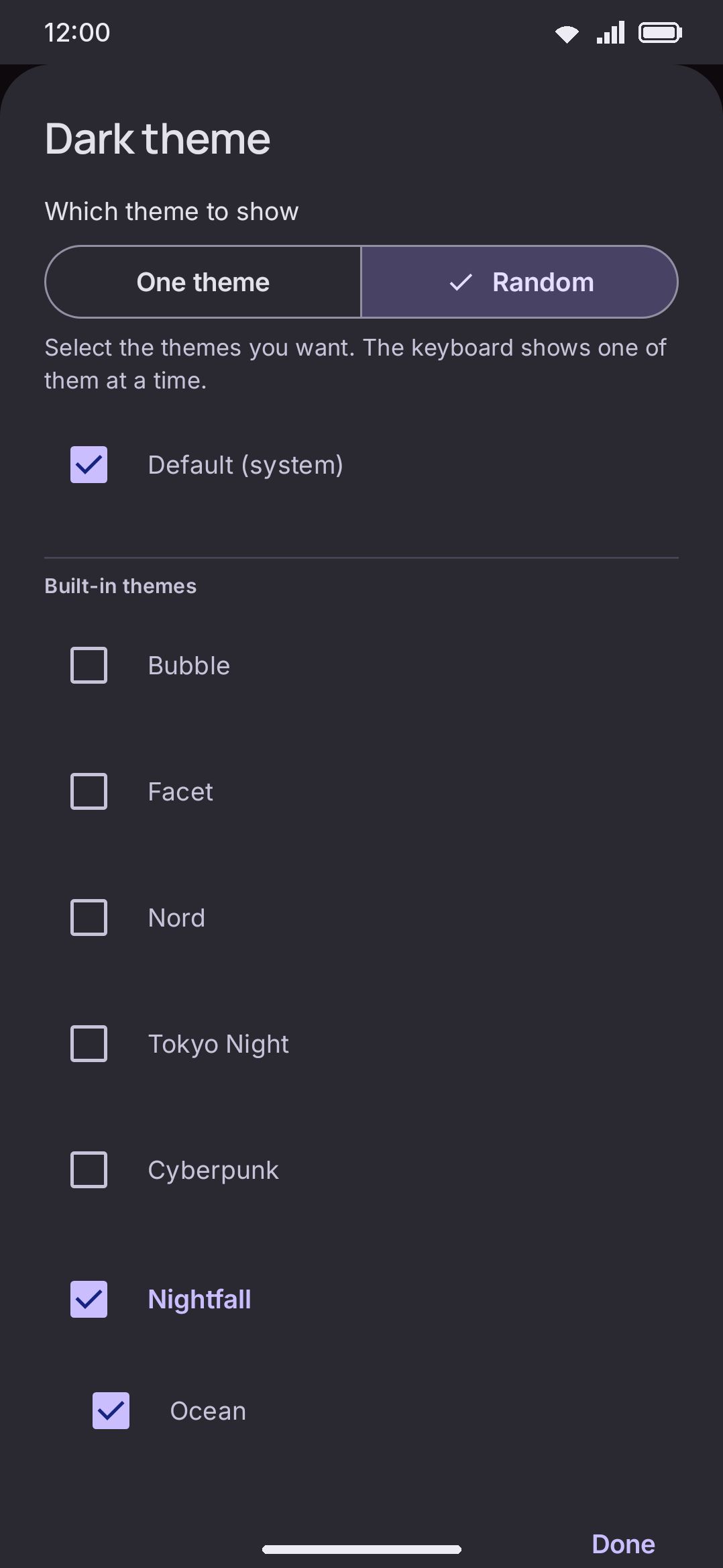 The dark theme picker set to Random, with a family ticked whole.