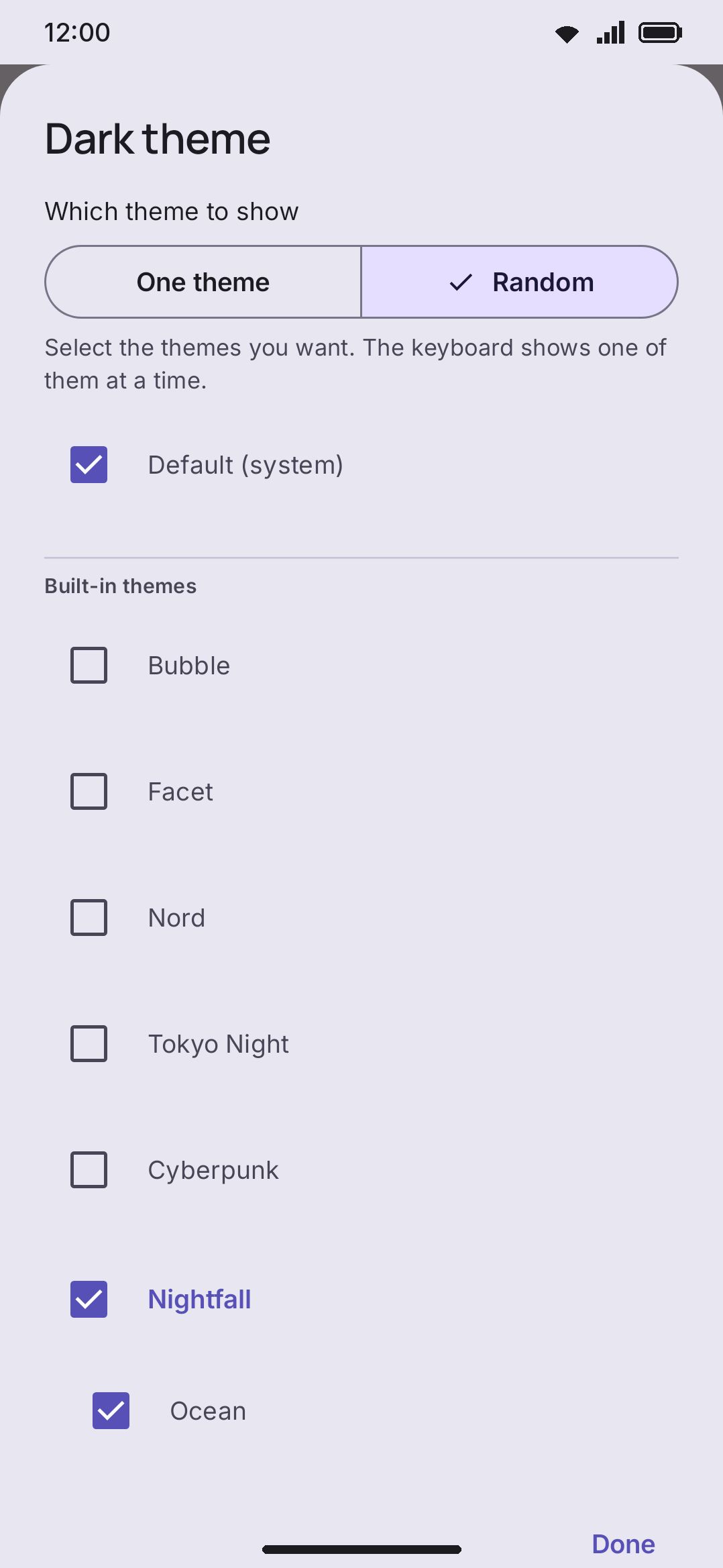 The dark theme picker set to Random, with a family ticked whole.