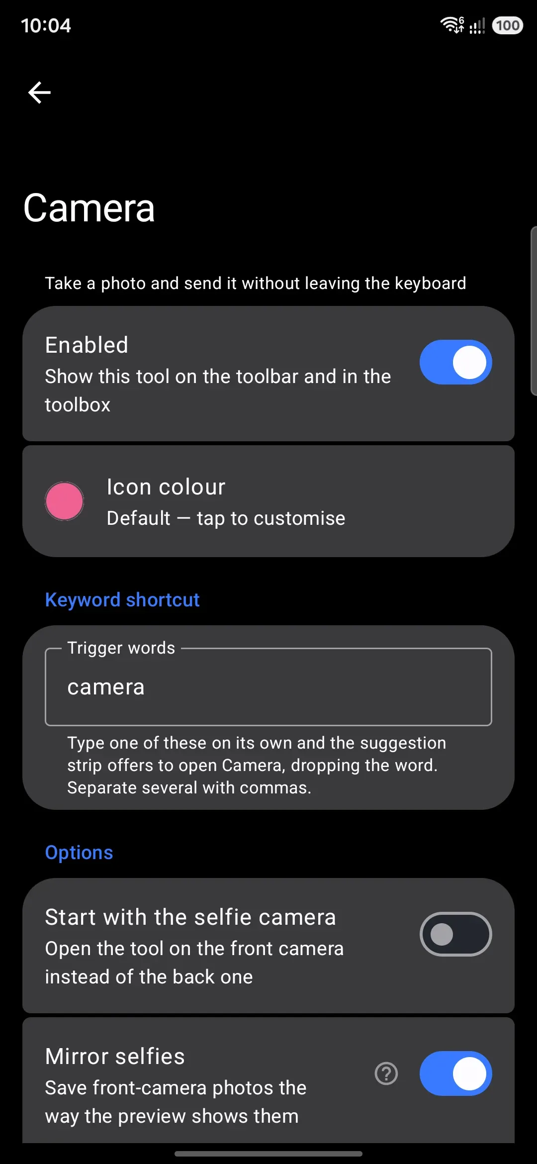 A tool's own detail screen: Enabled, Icon colour, and its keyword shortcut field above the tool's own settings.