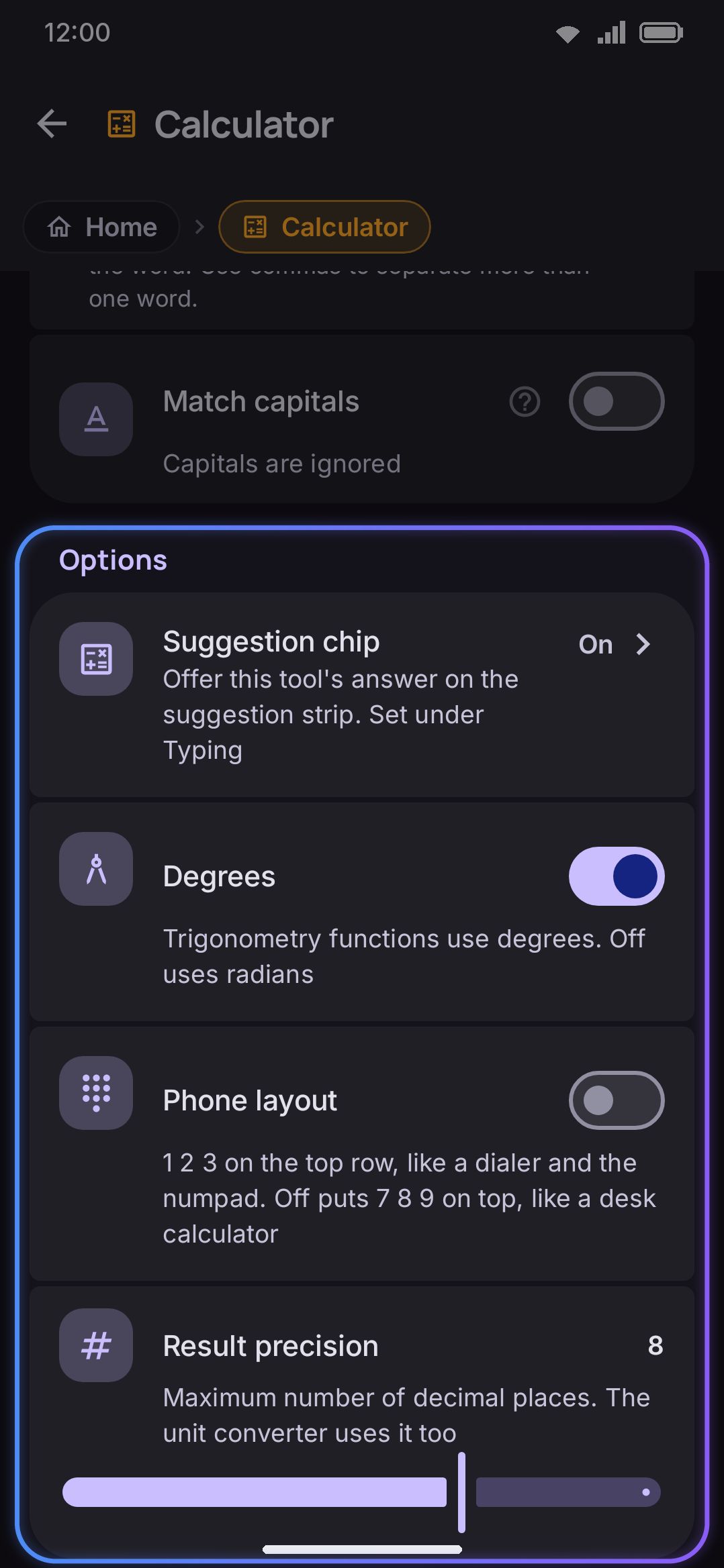 A tool's own detail screen: Enabled, Icon colour, and its keyword shortcut field above the tool's own settings.