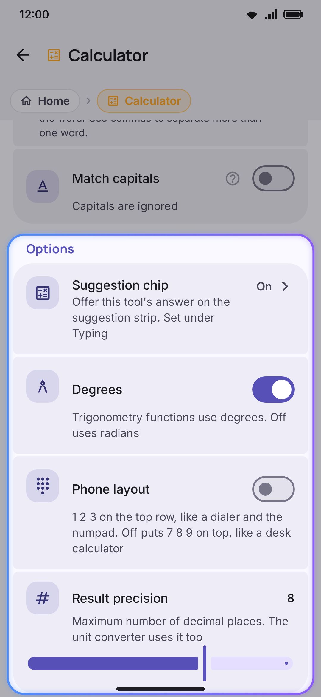 A tool's own detail screen: Enabled, Icon colour, and its keyword shortcut field above the tool's own settings.