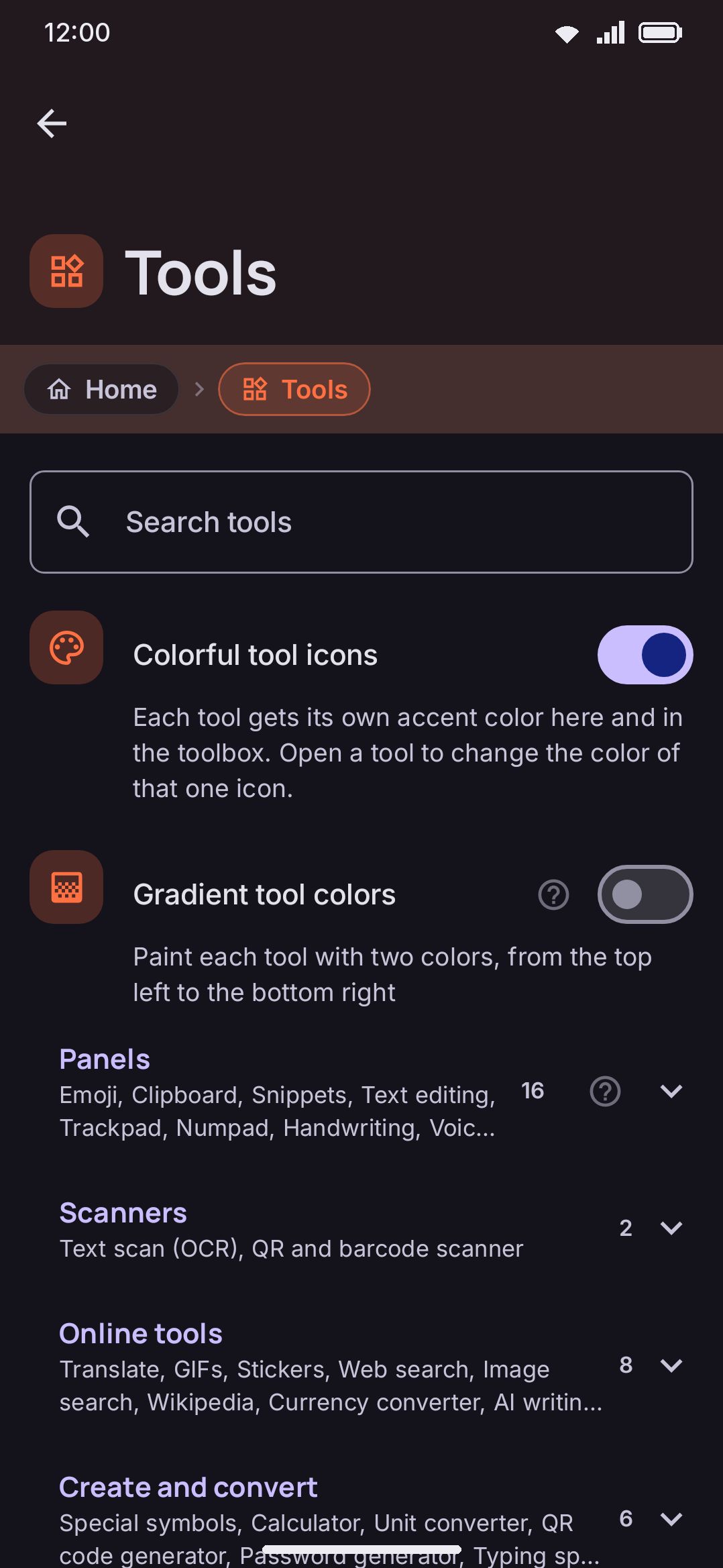 The Tools screen: every tool has its own Enabled switch, on by default.