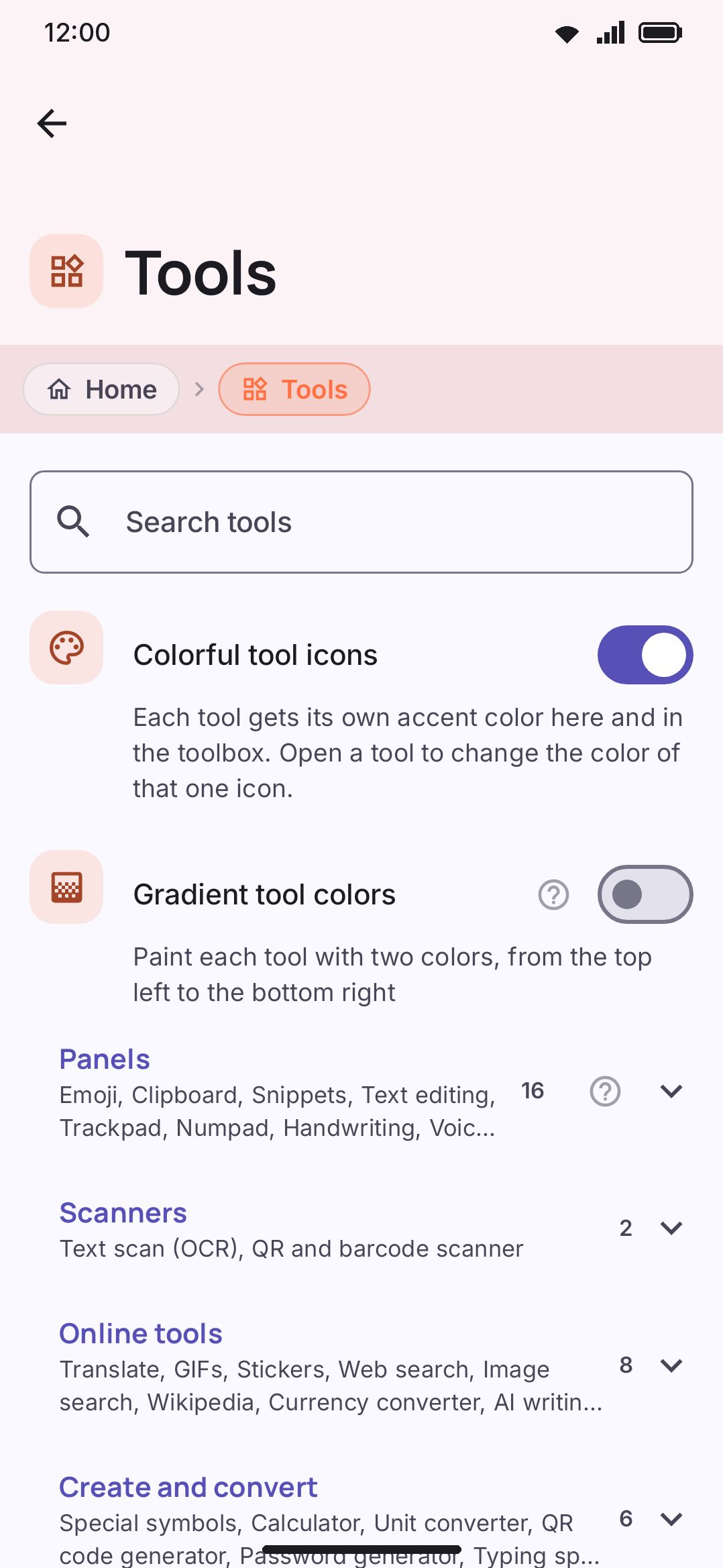 The Tools screen: every tool has its own Enabled switch, on by default.