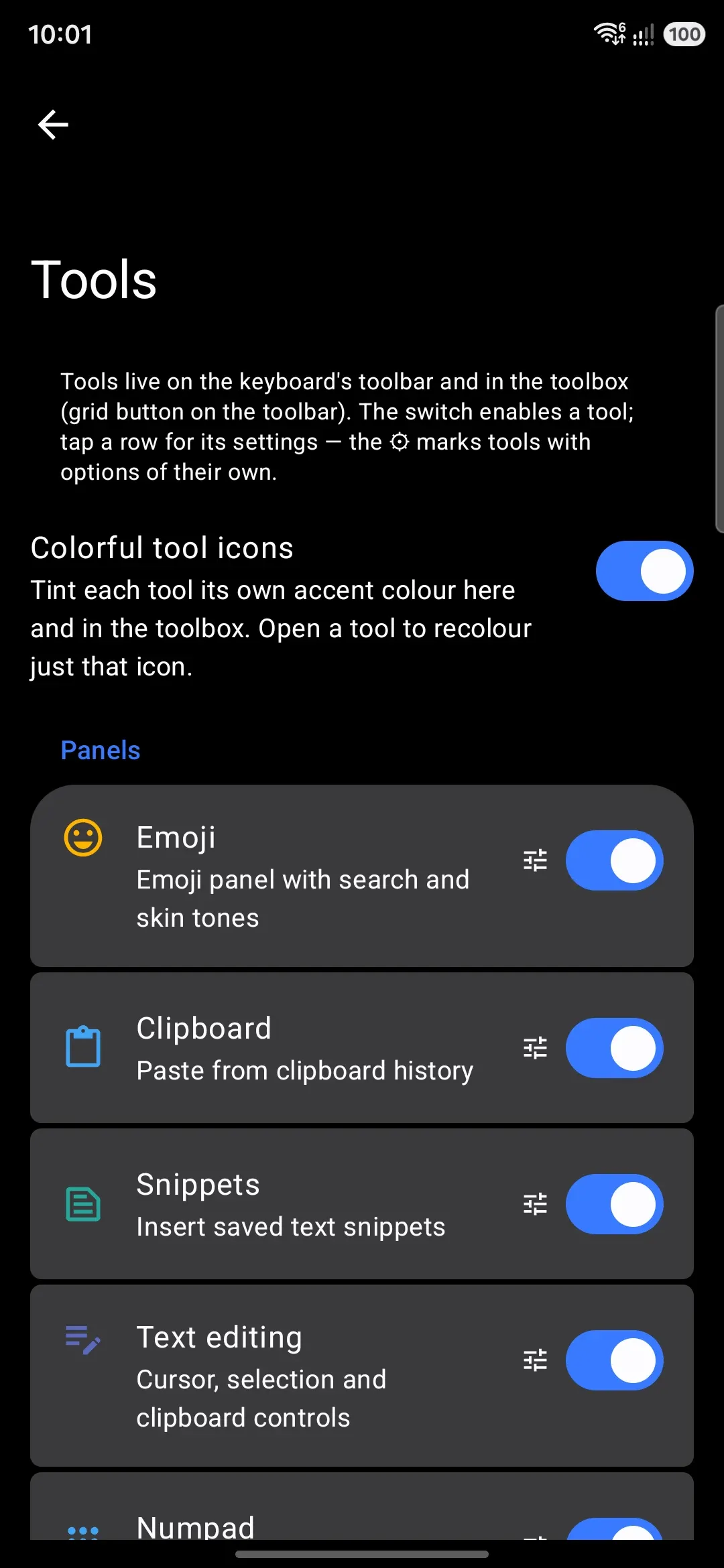 The Tools screen: every tool has its own Enabled switch, on by default.