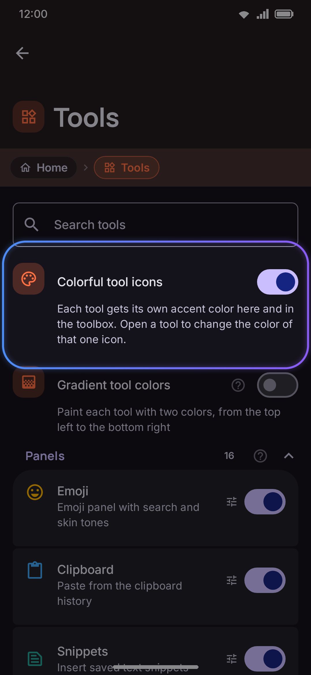 The Tools screen: Colorful tool icons, then every tool grouped by what it does.