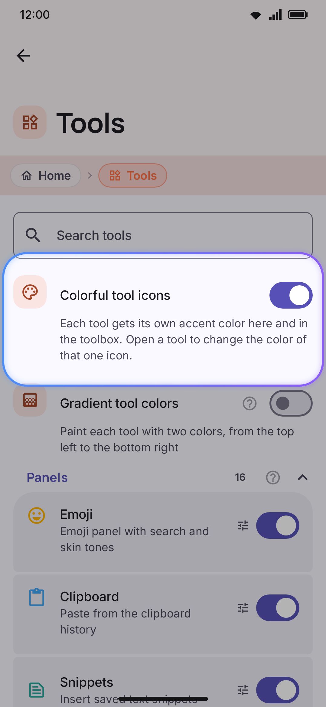 The Tools screen: Colorful tool icons, then every tool grouped by what it does.