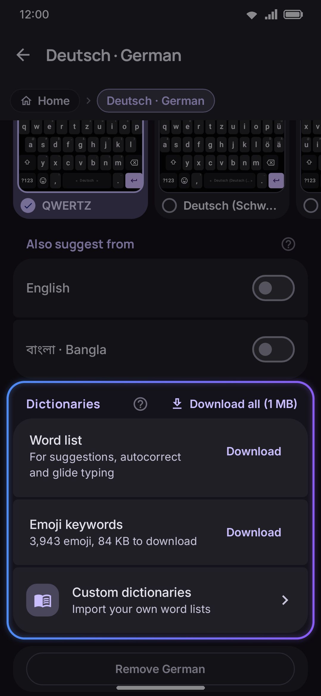 A language with no built-in or downloaded dictionary yet — suggestions come only from what you've typed.