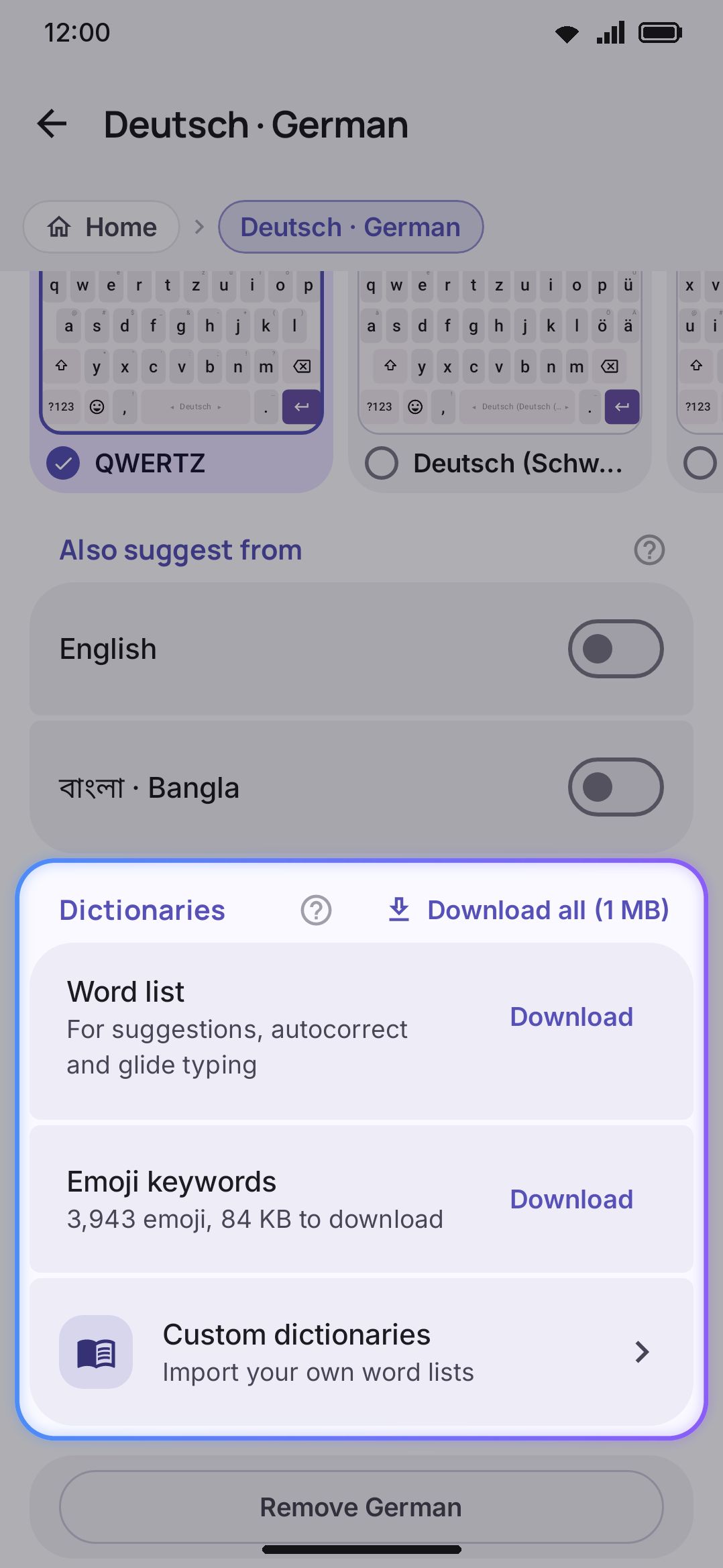 A language with no built-in or downloaded dictionary yet — suggestions come only from what you've typed.