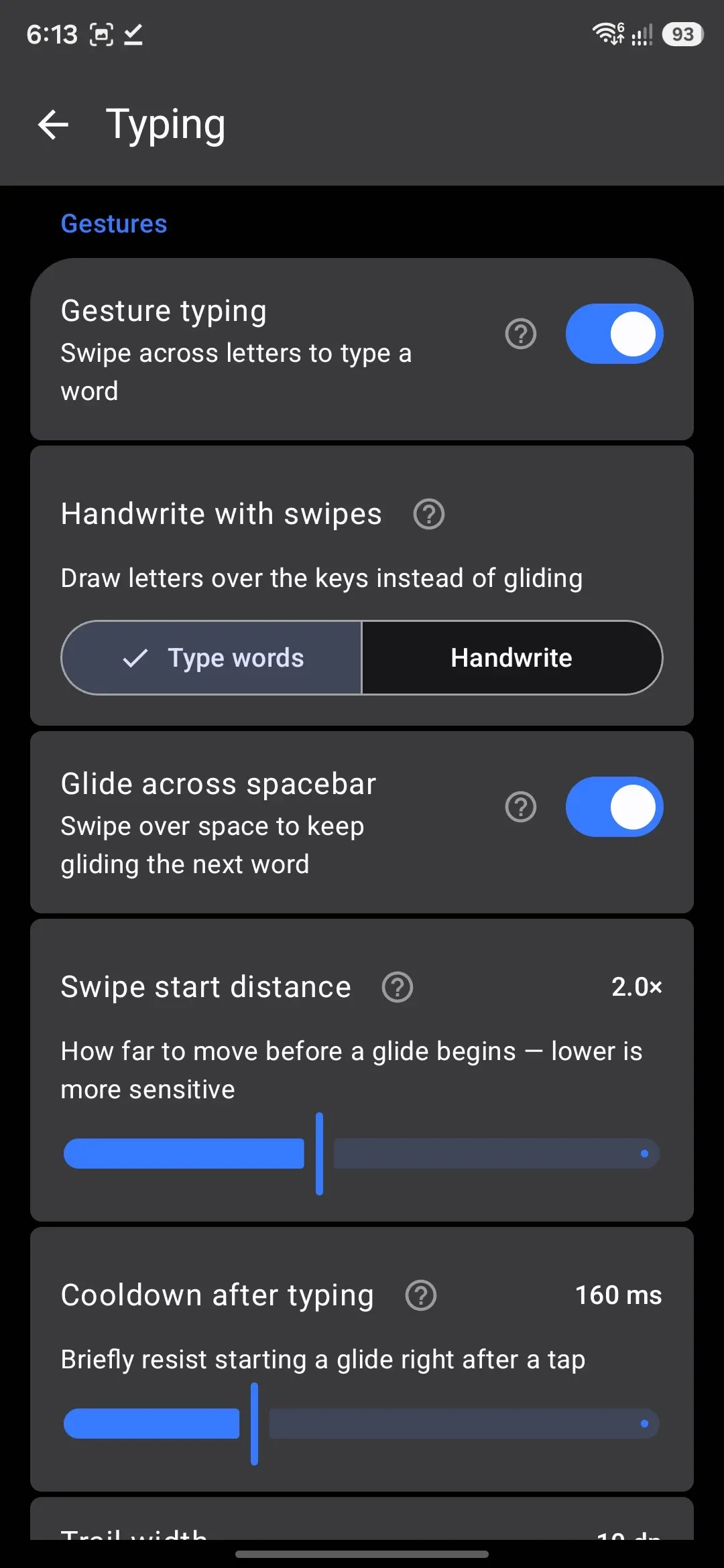 The Gestures group: the spacebar's Quick swipe and Hold + swipe pickers.