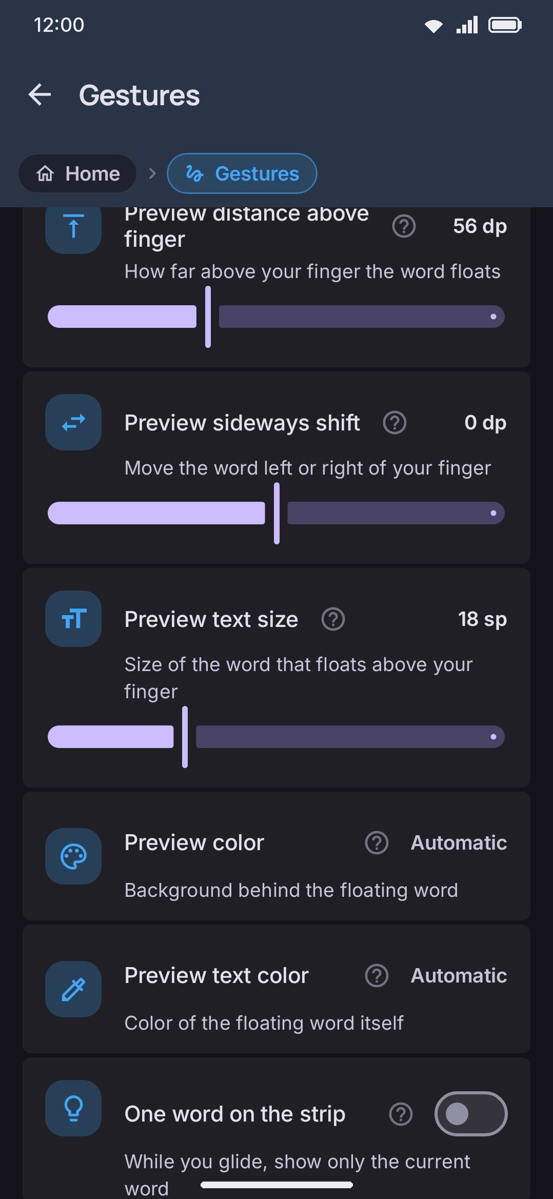 The Gestures group on the Typing settings screen — home to most of the spacebar and backspace gestures below.