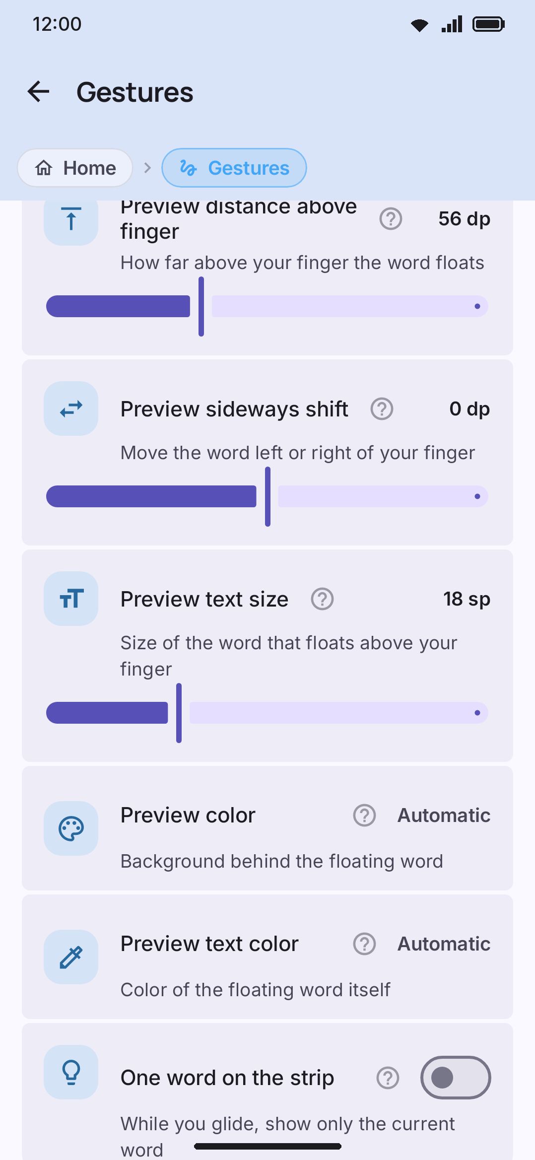 The Gestures group on the Typing settings screen — home to most of the spacebar and backspace gestures below.