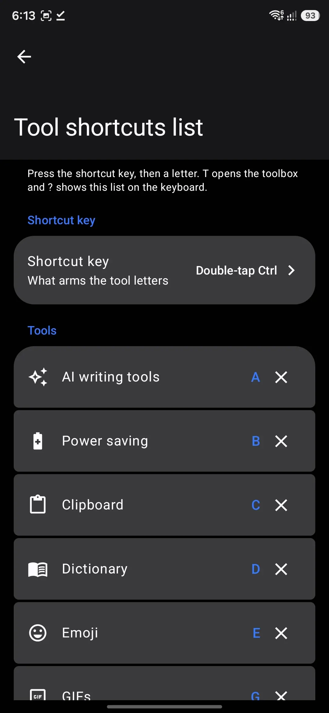 The Tool shortcuts list screen: every tool with its assigned letter.
