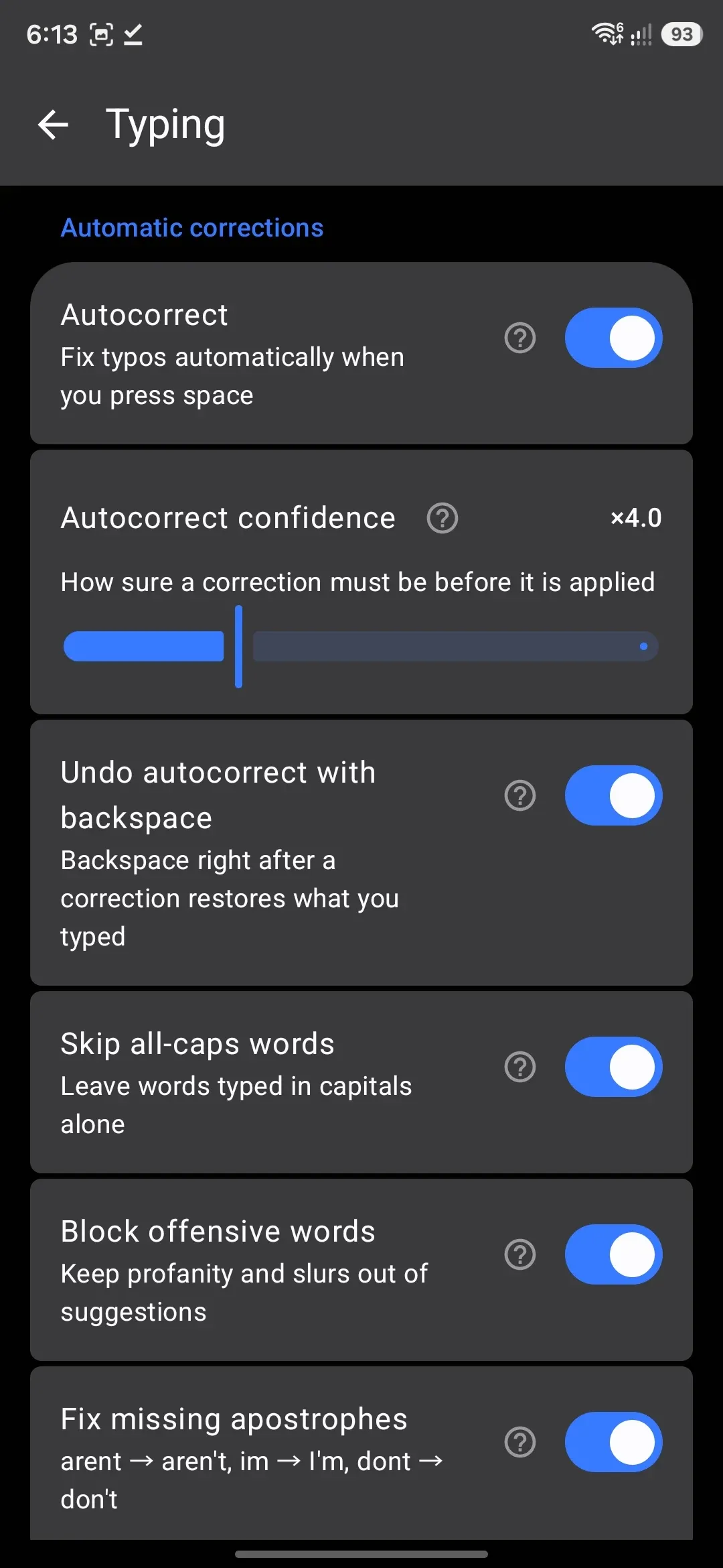 The Typing settings screen, scrolled to the Automatic corrections group.
