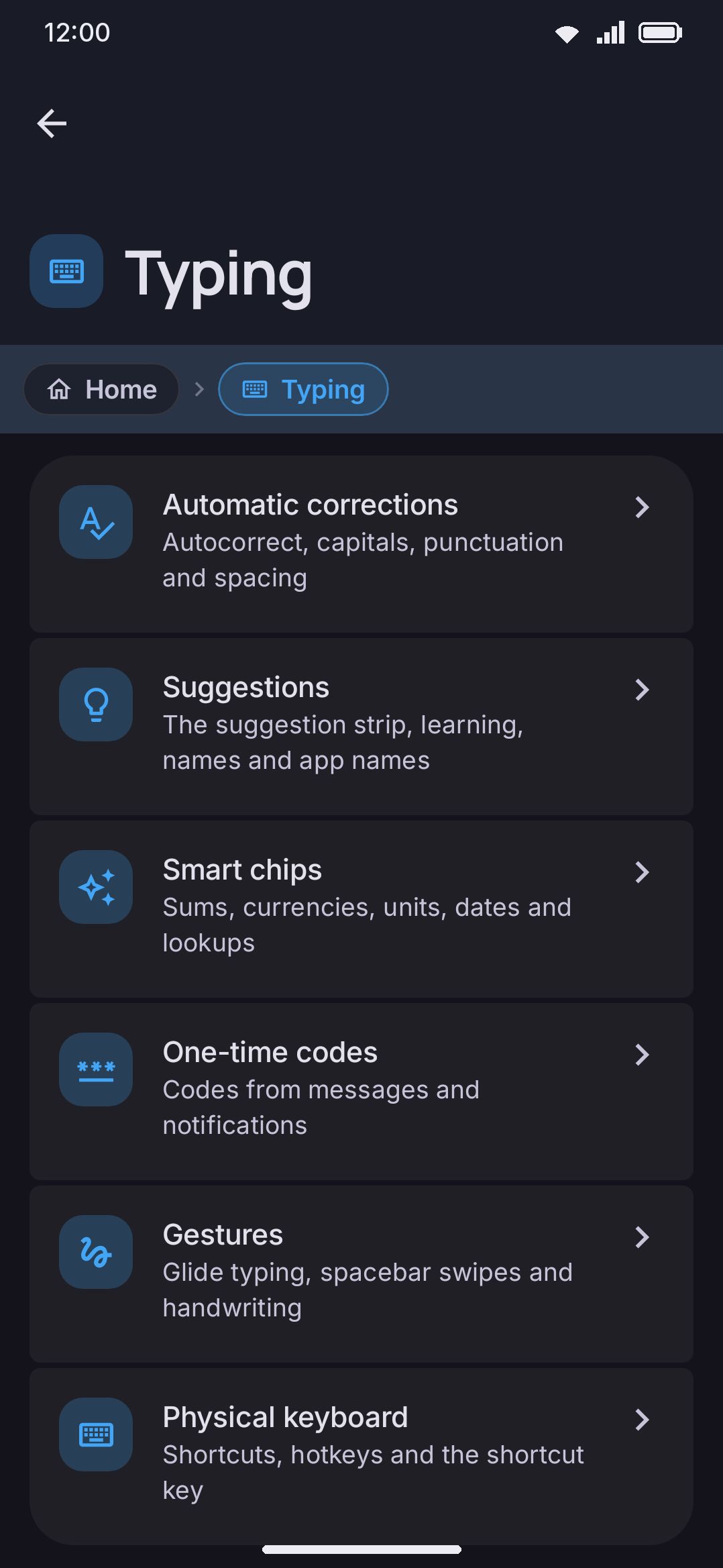The Typing settings screen, scrolled to the Automatic corrections group.