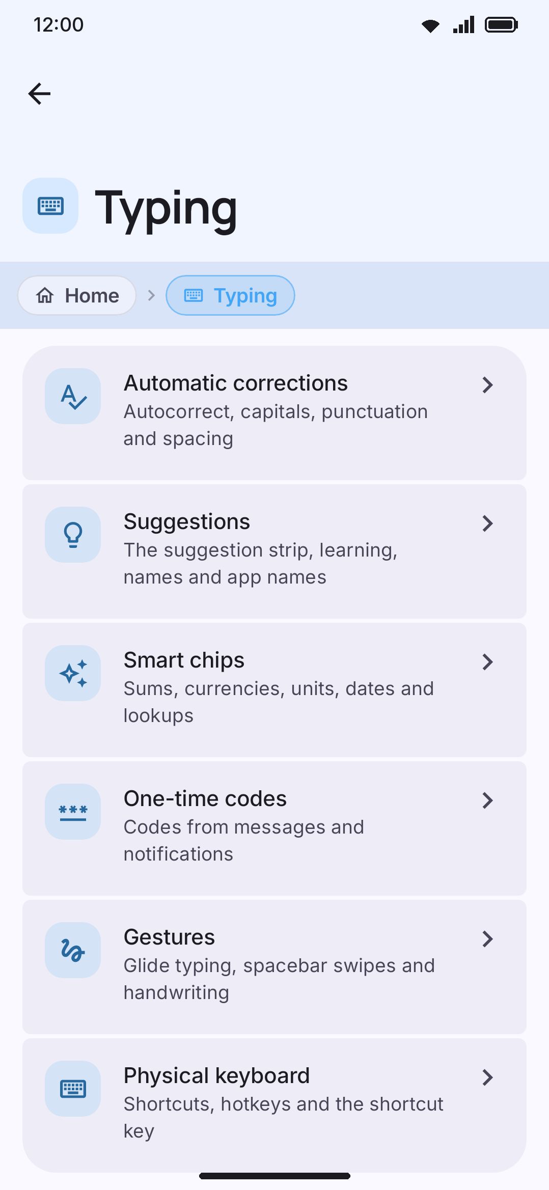 The Typing settings screen, scrolled to the Automatic corrections group.