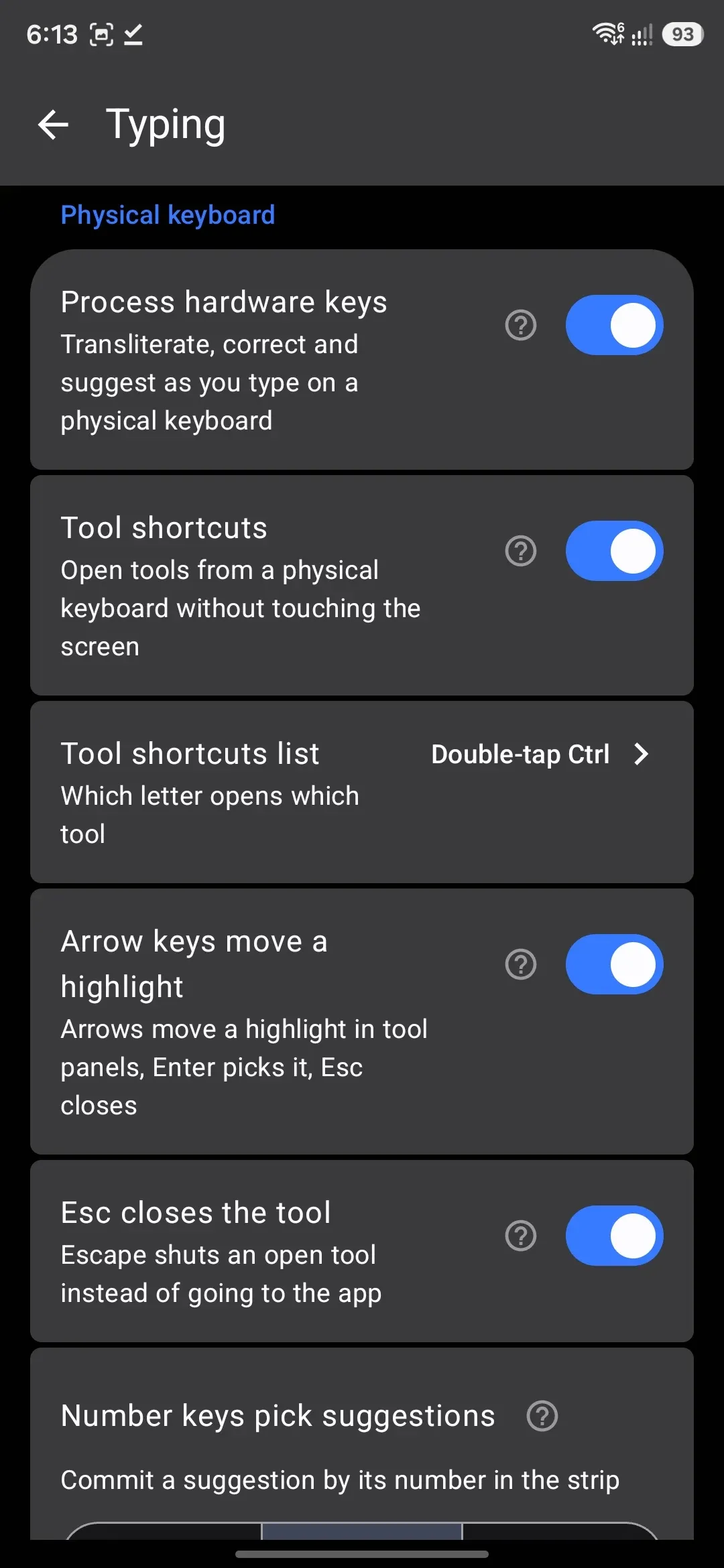 The Physical keyboard group, with Tool shortcuts list showing the current shortcut key.