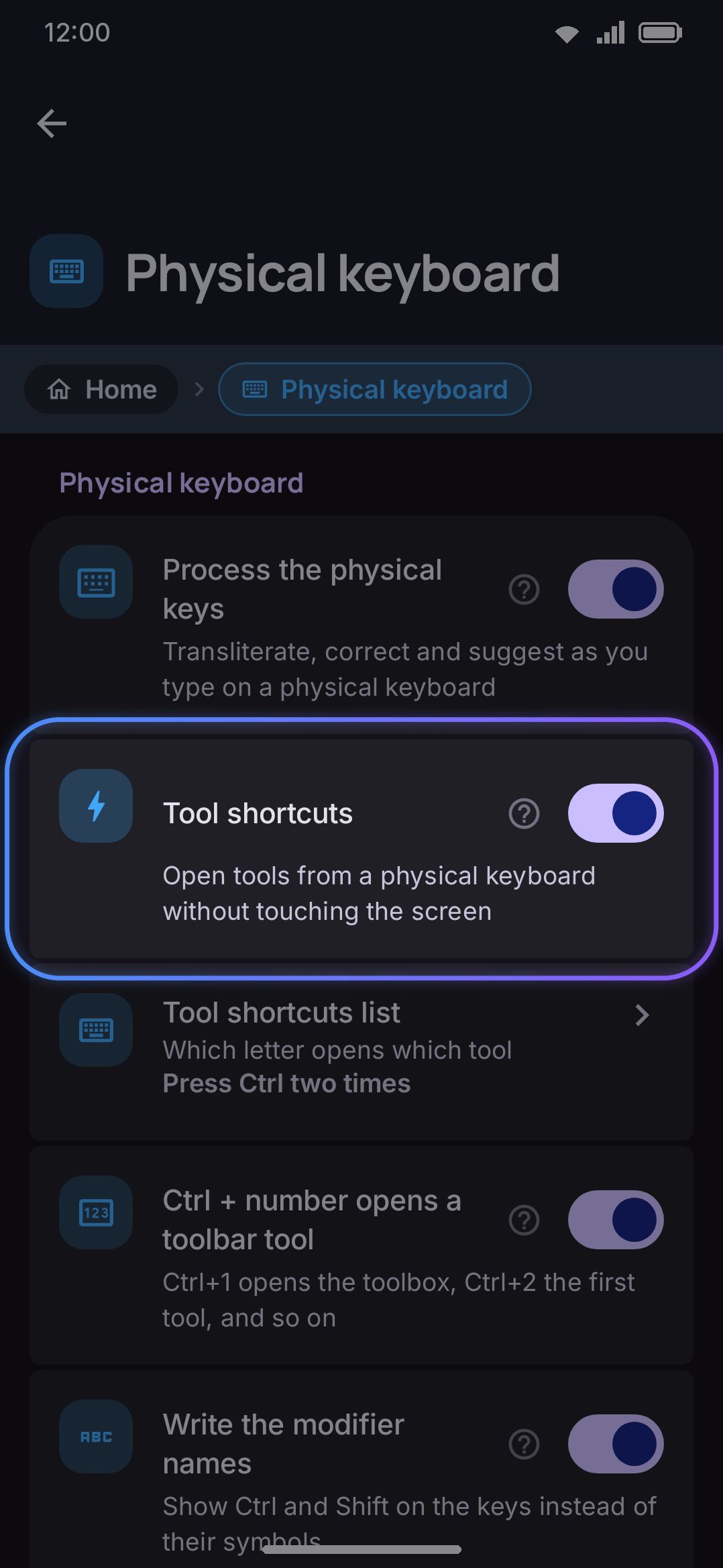 The Physical keyboard group, with Tool shortcuts list showing the current shortcut key.