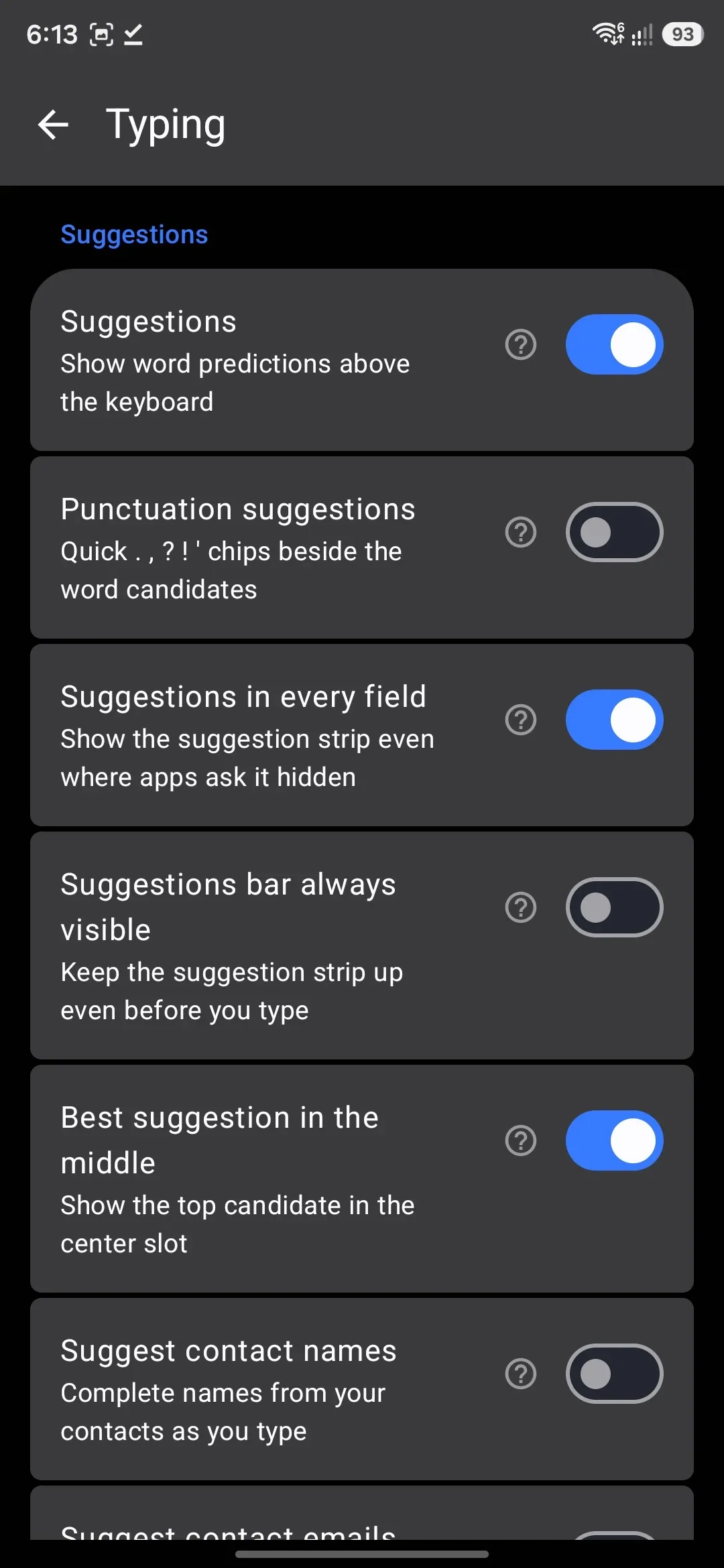The Suggestions group, including the three dictionary and blacklist navigation rows.