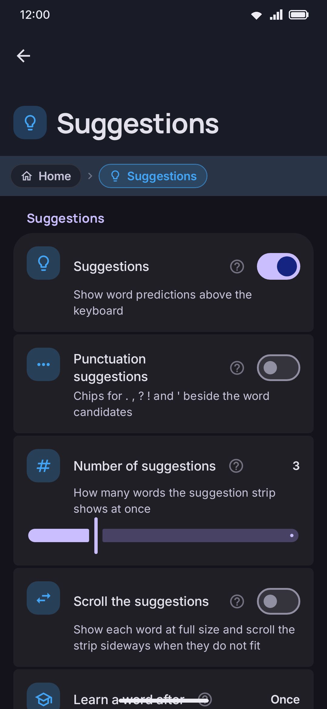 The Suggestions group on the Typing settings screen.