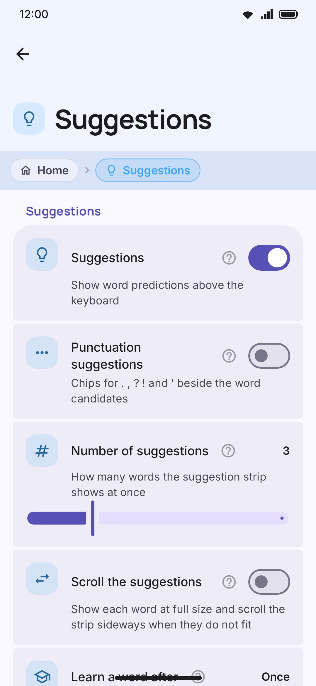 The Suggestions group on the Typing settings screen.