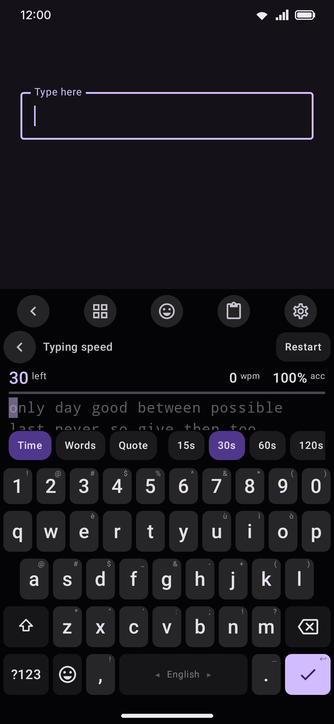 A typing test in progress: the prompt with per-character correctness coloring, above the live key rows.