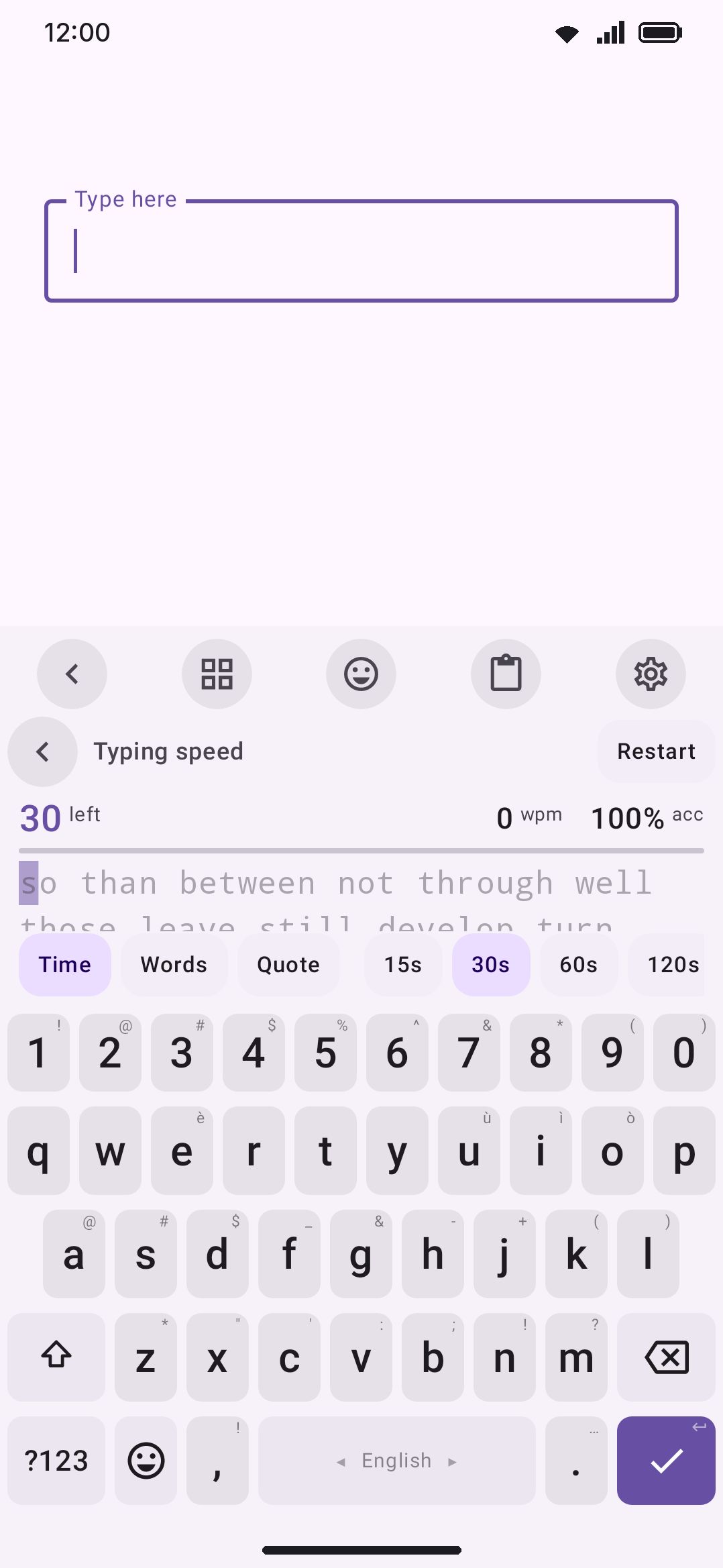 A typing test in progress: the prompt with per-character correctness coloring, above the live key rows.