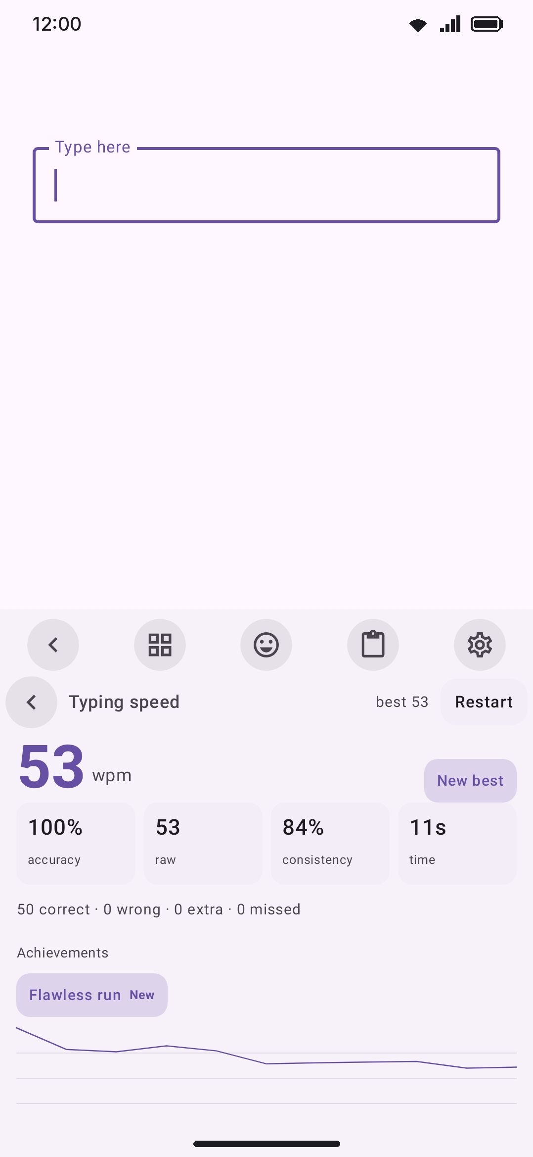 Typing test results: WPM, accuracy, consistency, and the Insert score chip.