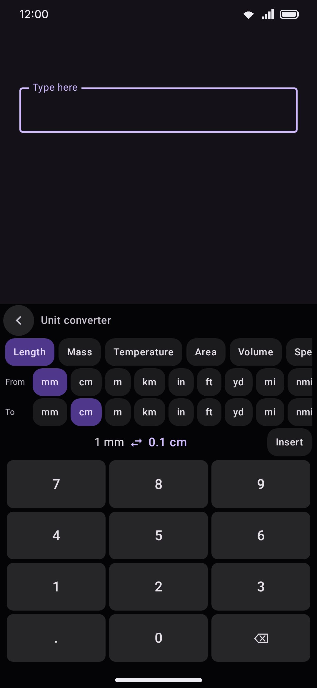 The Unit converter panel: category chips, From/To unit rows, the swap icon, and the shared digit keypad.