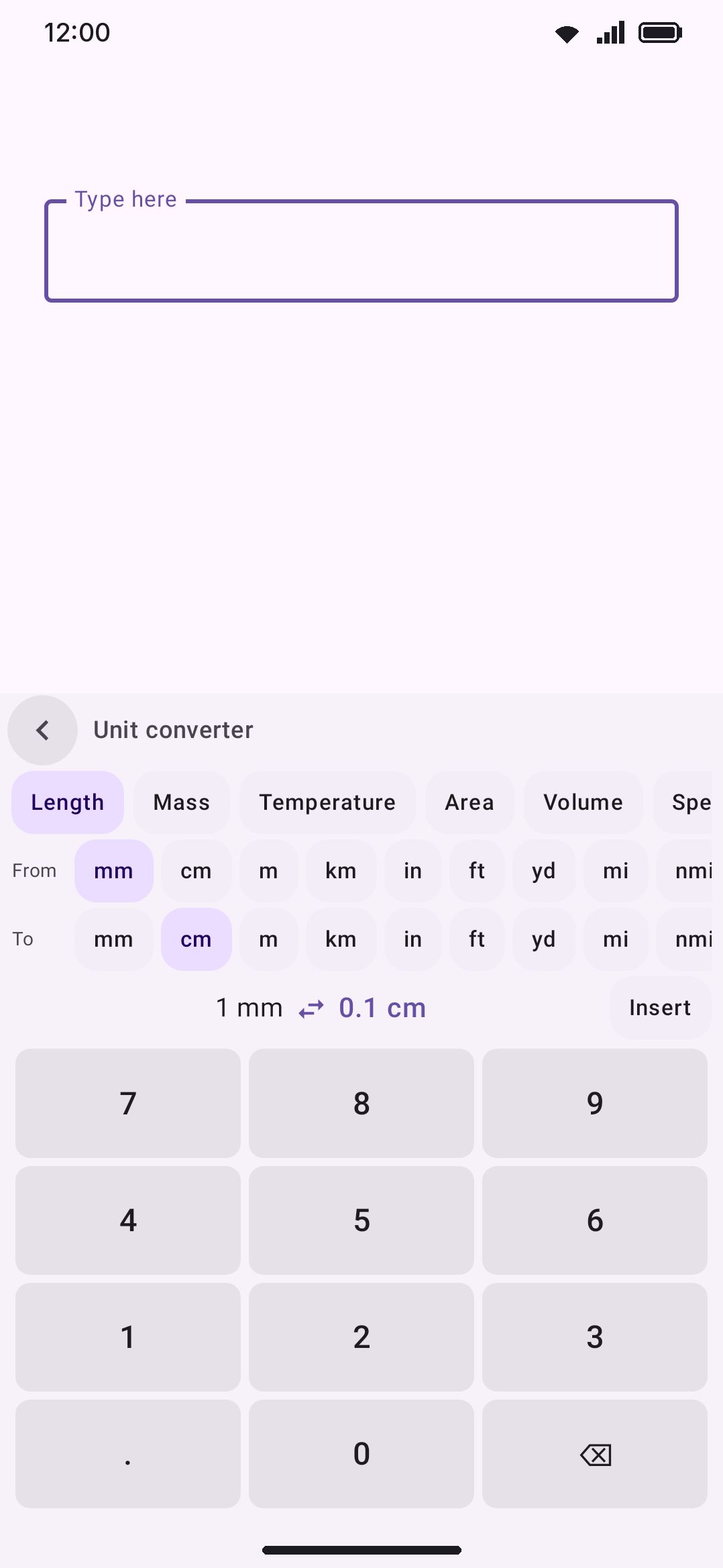 The Unit converter panel: category chips, From/To unit rows, the swap icon, and the shared digit keypad.