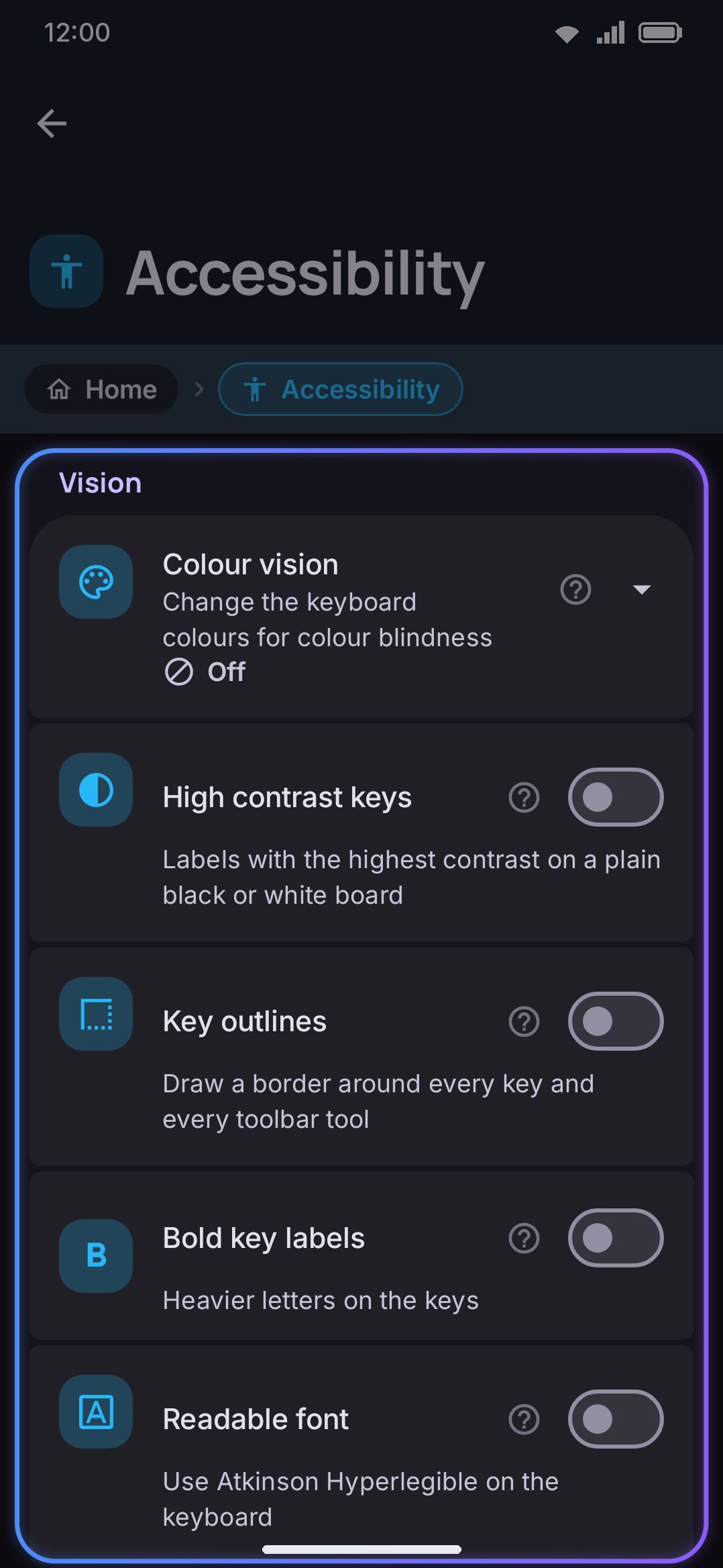 The Vision group at the top of the Accessibility screen.