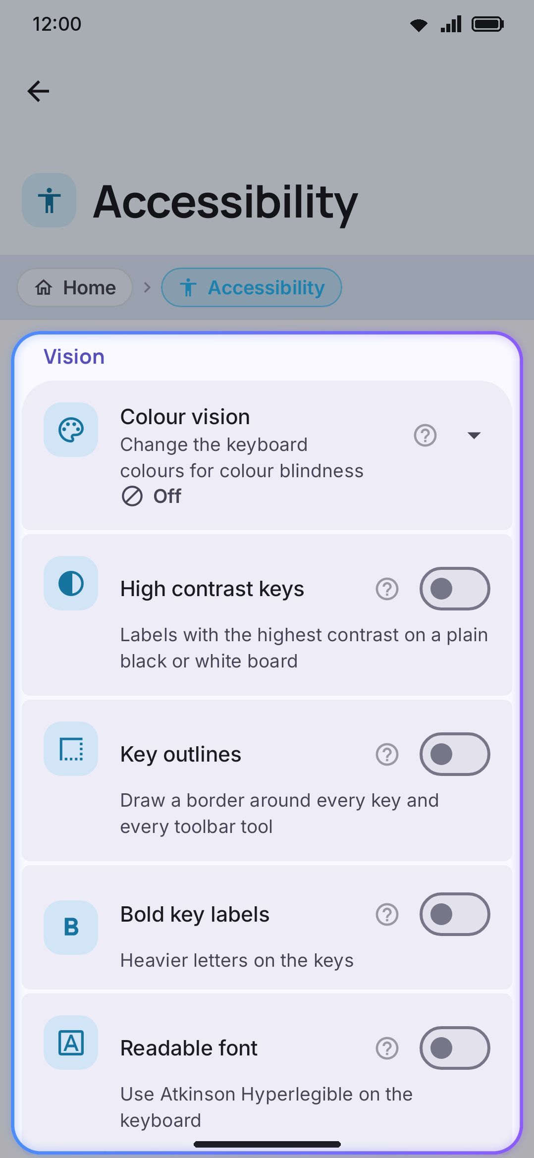 The Vision group at the top of the Accessibility screen.