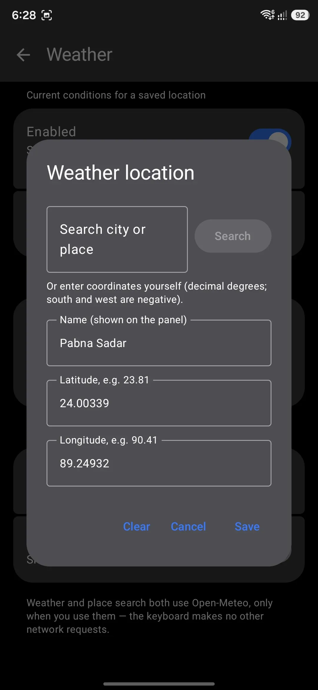 Weather's settings: a location search or coordinate entry, and the Fahrenheit toggle.
