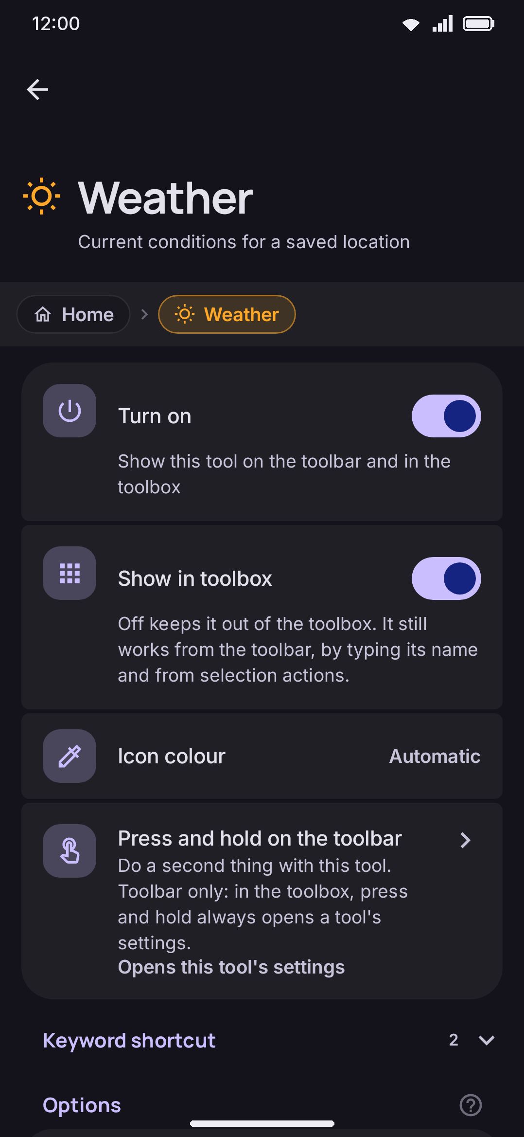 Weather's settings: a location search or coordinate entry, and the Fahrenheit toggle.