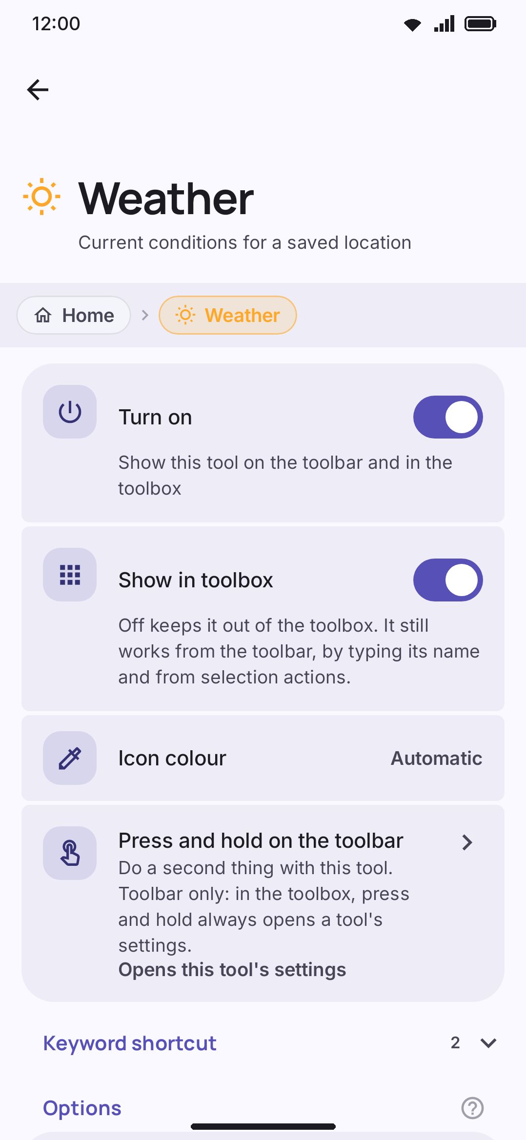 Weather's settings: a location search or coordinate entry, and the Fahrenheit toggle.