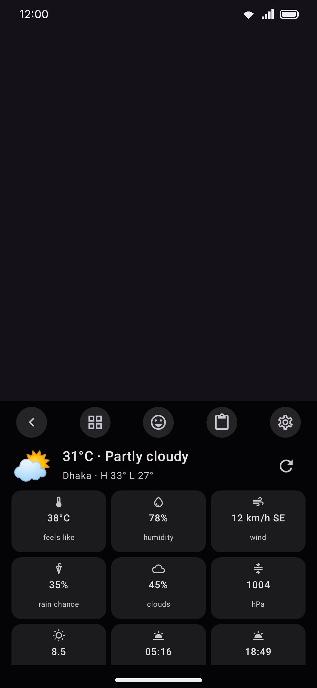 Weather: current conditions plus a stat grid — feels-like, humidity, wind, and whatever else Open-Meteo returns for that location.