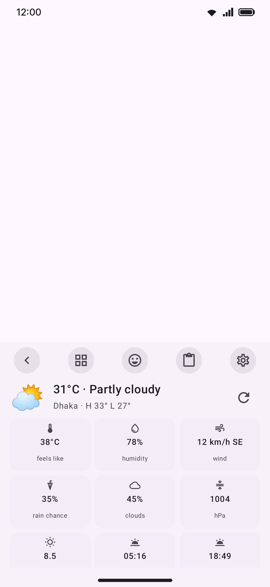 Weather: current conditions plus a stat grid — feels-like, humidity, wind, and whatever else Open-Meteo returns for that location.