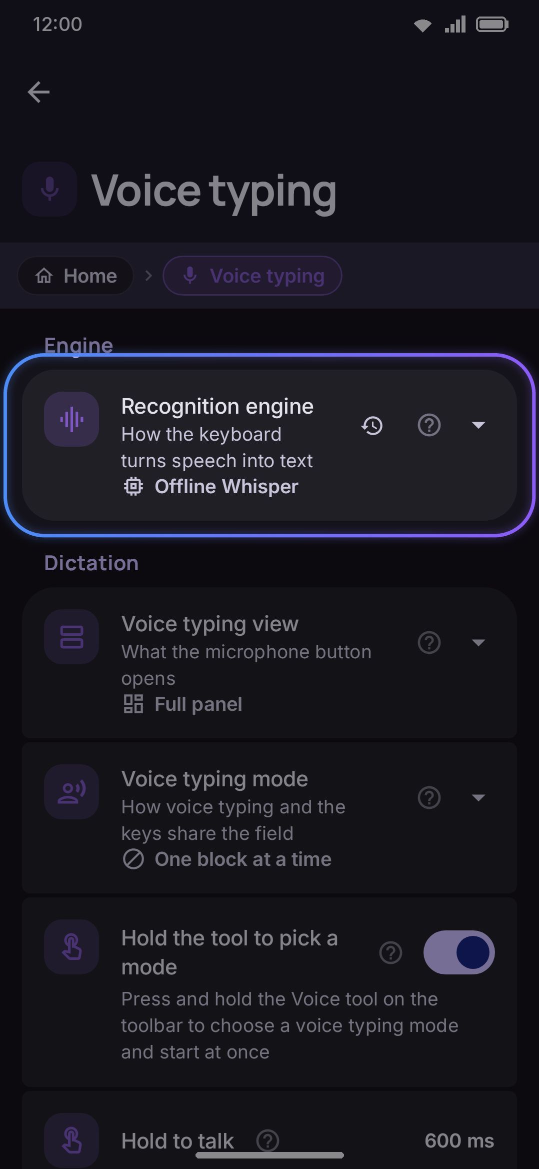 The Whisper model catalog inside WM Keyboard settings