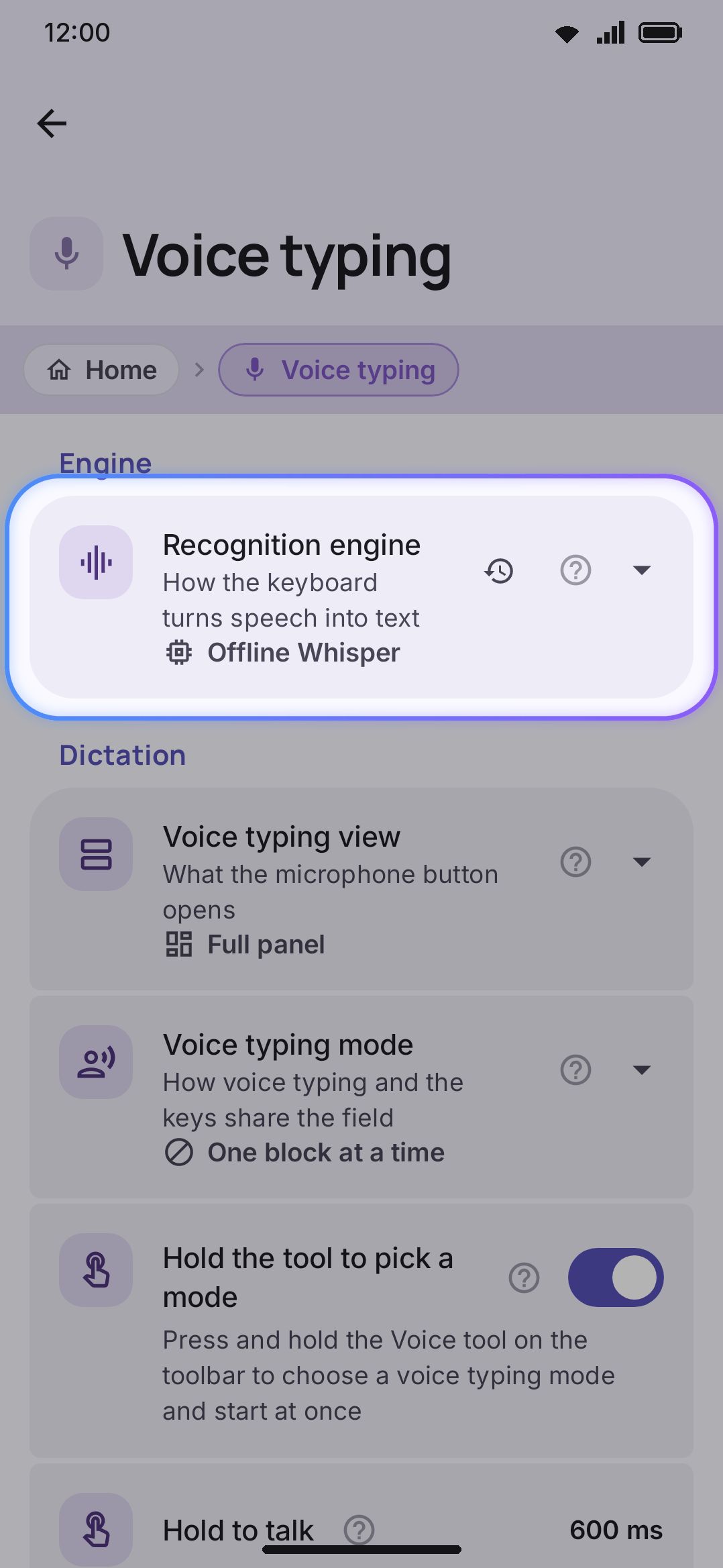 The Whisper model catalog inside WM Keyboard settings