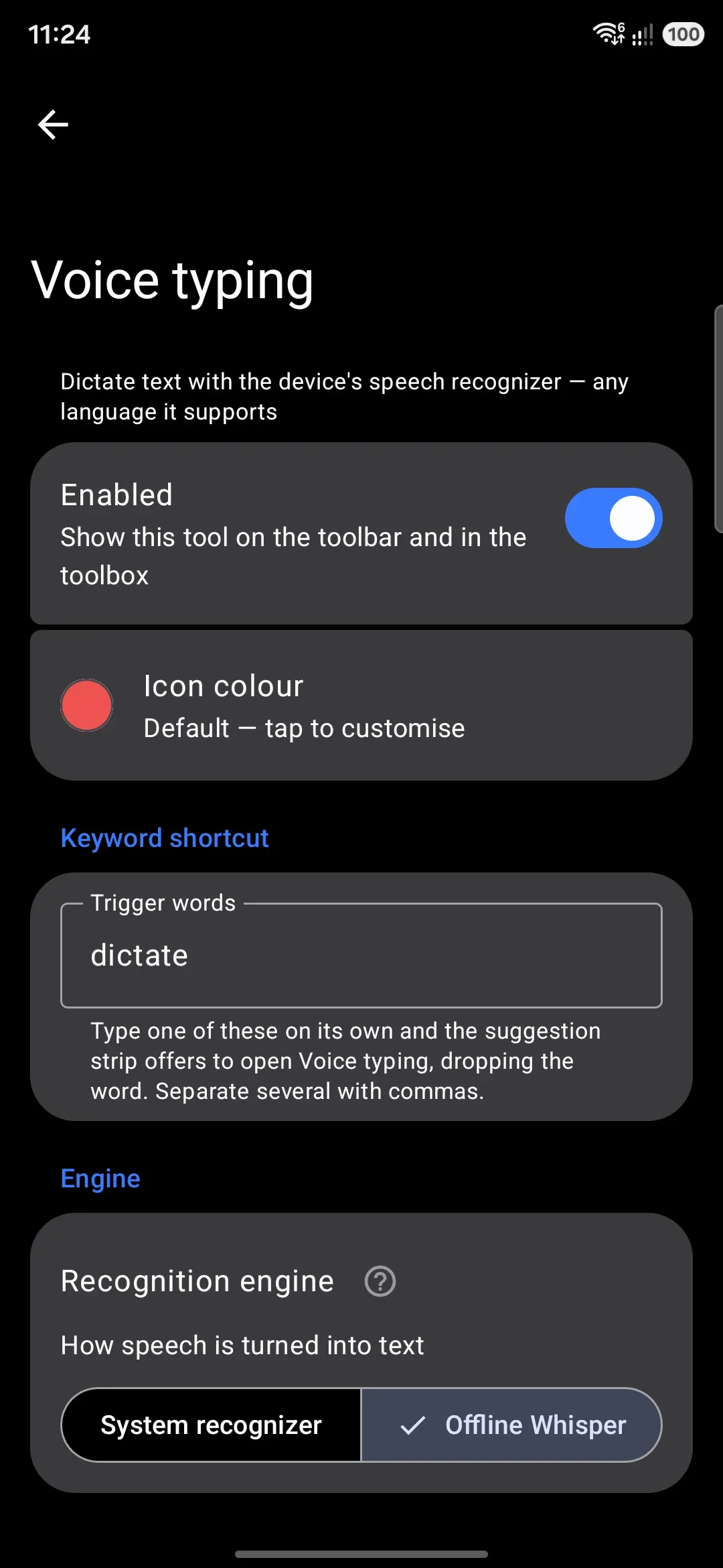 Recognition engine choice on the Voice typing screen.