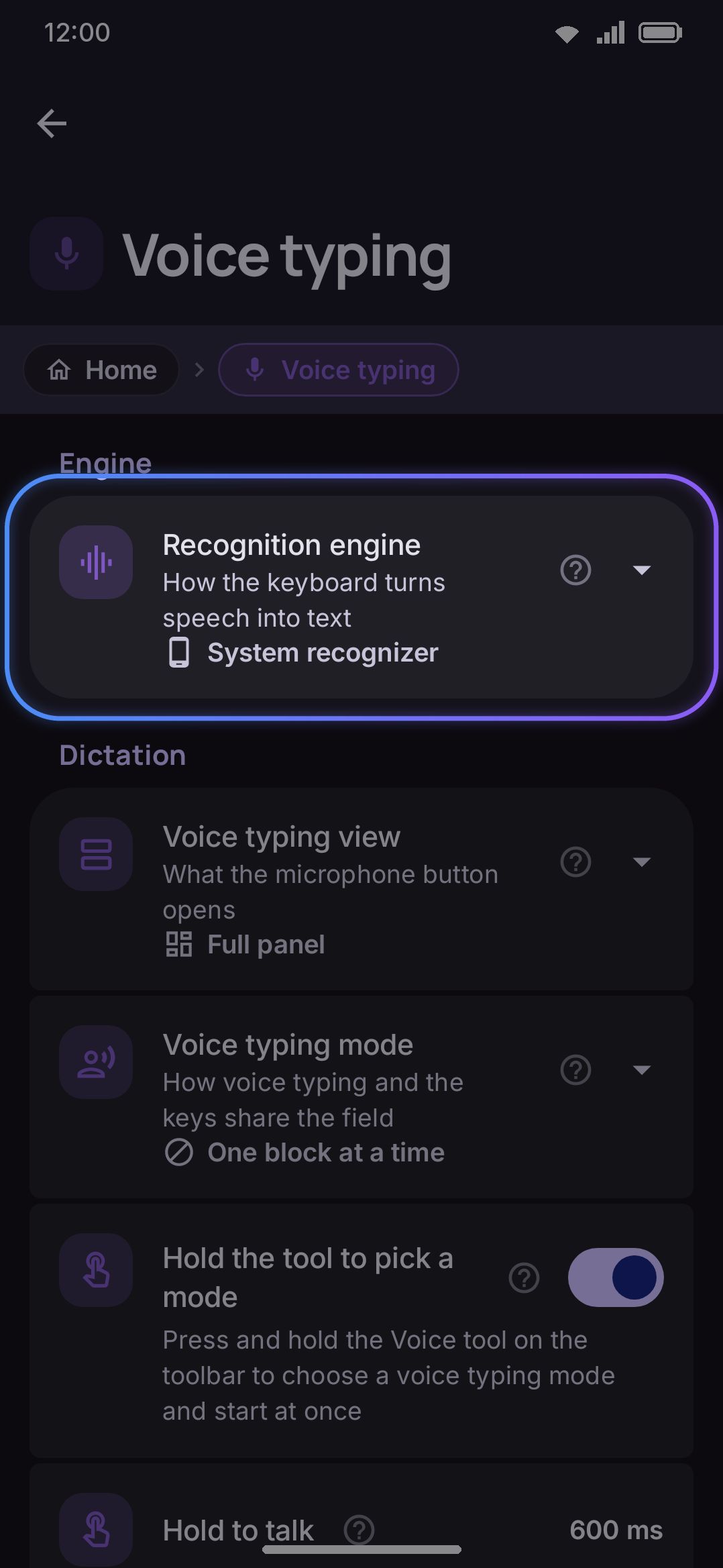 Recognition engine choice on the Voice typing screen.