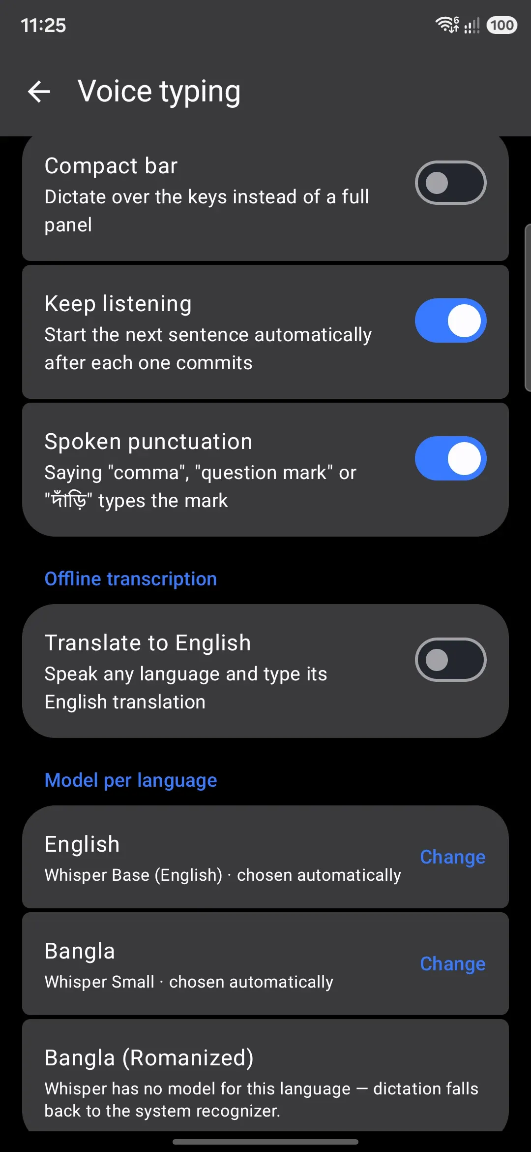 Model-per-language routing list, with a coverage warning on one row.