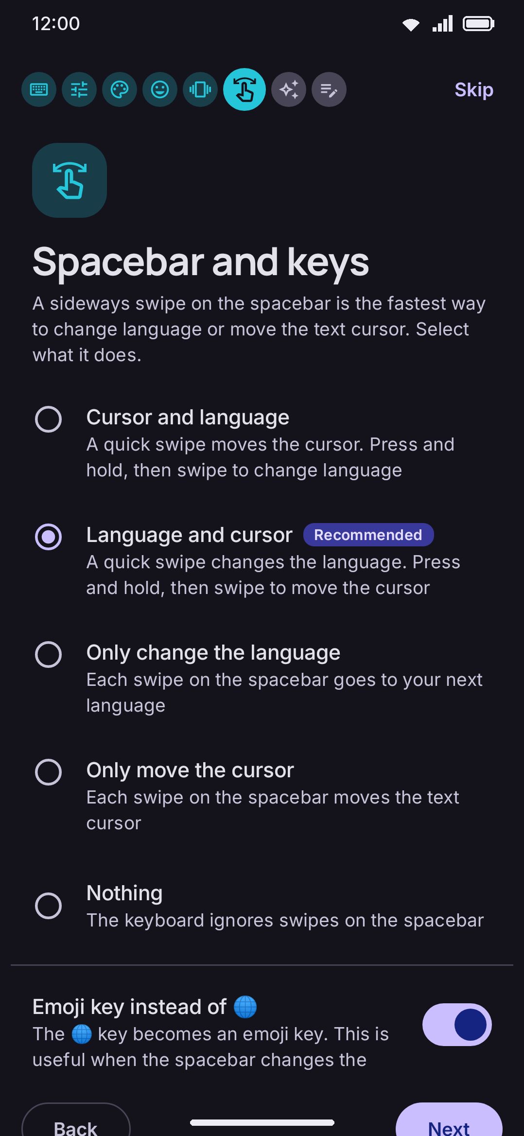 The Spacebar & keys page — one choice sets both swipe directions at once.