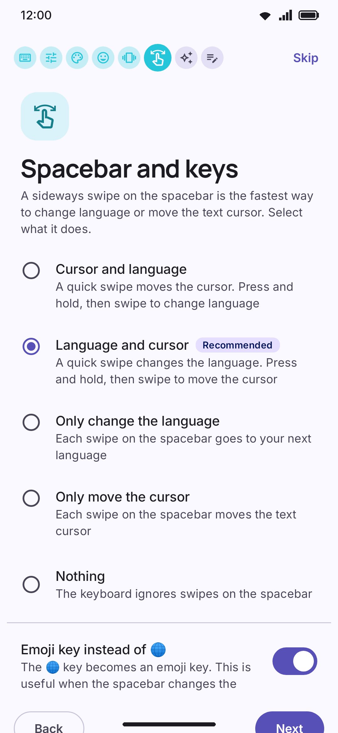 The Spacebar & keys page — one choice sets both swipe directions at once.